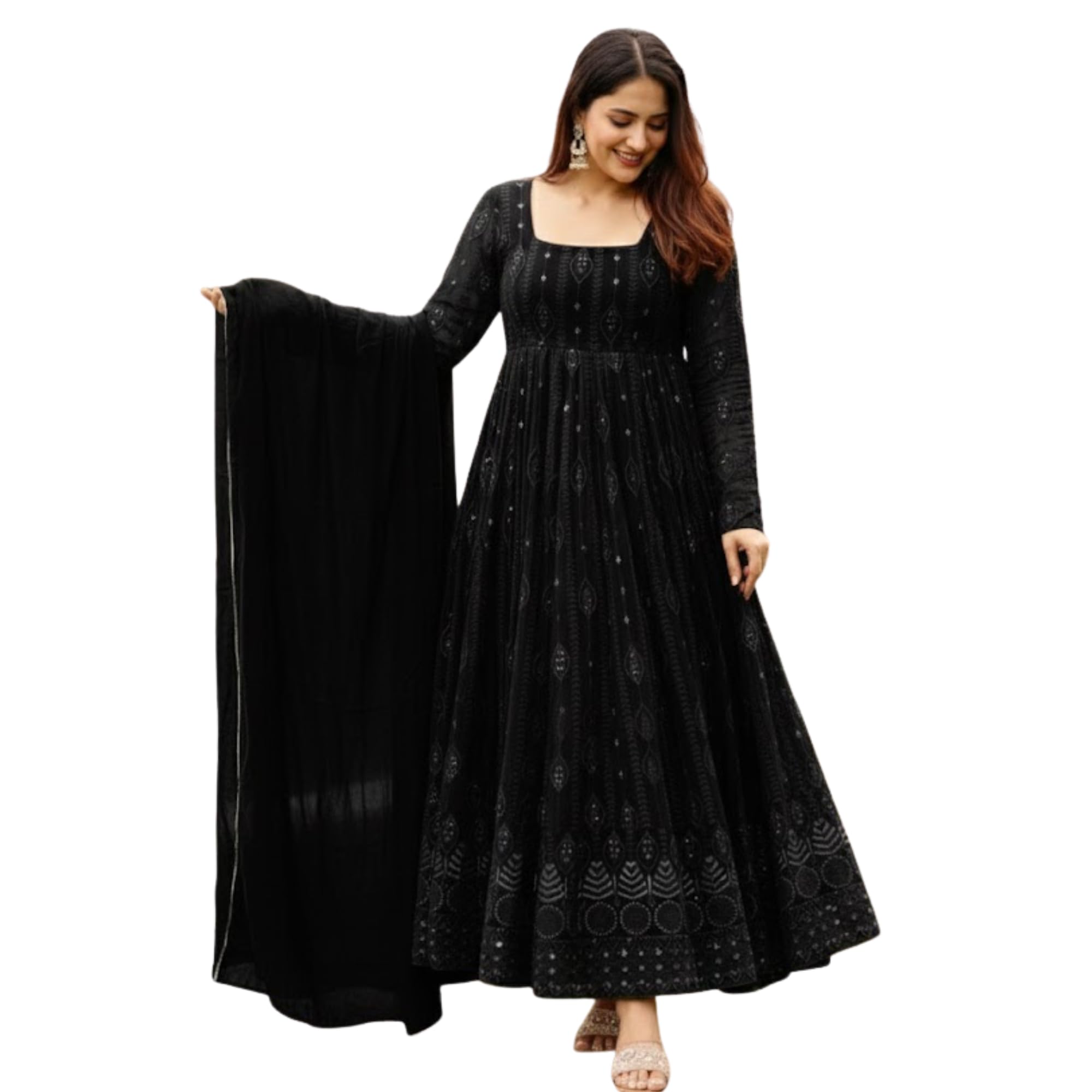 ashikta enterprise Embroidered Georgette Anarkali Gown for Women | Slasa Black & Grey Stitched Long Gown | Full Sleeve Anarkali Dress with Inner Lining & 2m Lace Border Dupatta | GW-DF-1-Slasa-picture-14