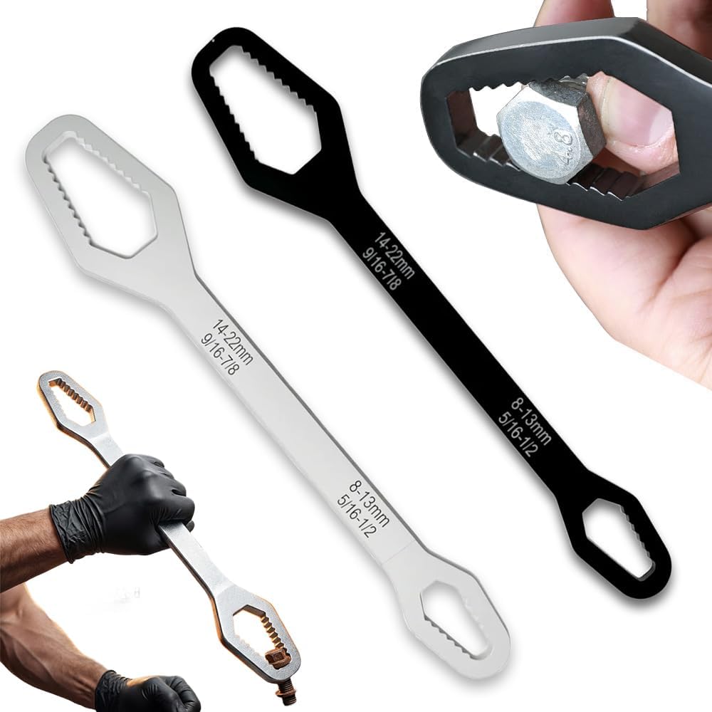 Universal Double Ended Wrench, 8–24mm Self-Tightening Double-Ended Wrench for Most Nuts and Bolts Repair, Multifunctional Double-head Spanner Tool for Home Plumbing and Car Repair (Silver+Black)