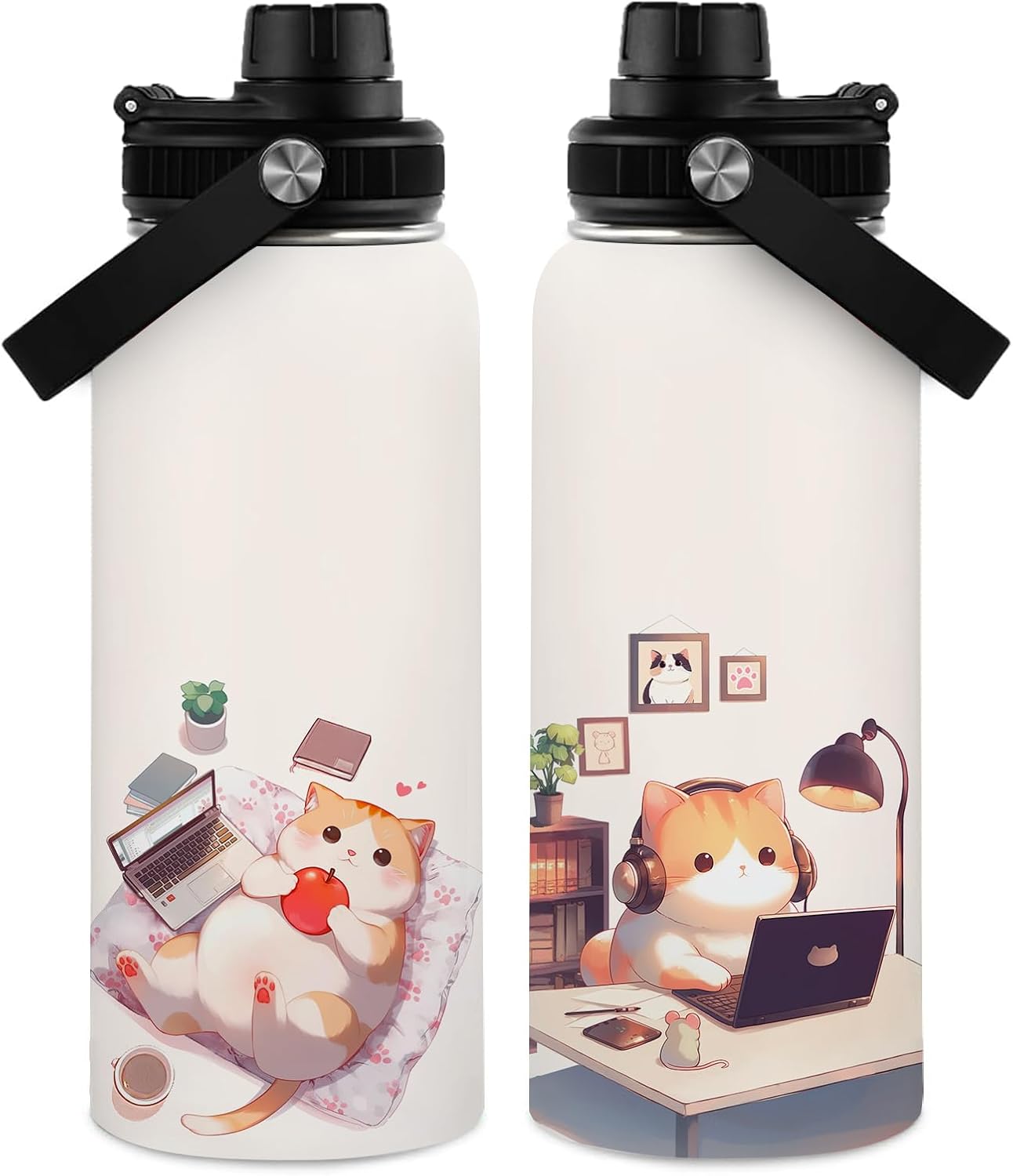 Cats Water Bottle 32oz, Cat Lover Gifts Travel Stainless Steel Tumbler, Keeps Drinks Cold & Hot, Double Wall Vacuum Insulated Coffee Cup, Christmas Birthday Cat Themed Gift for Cats Lover Women