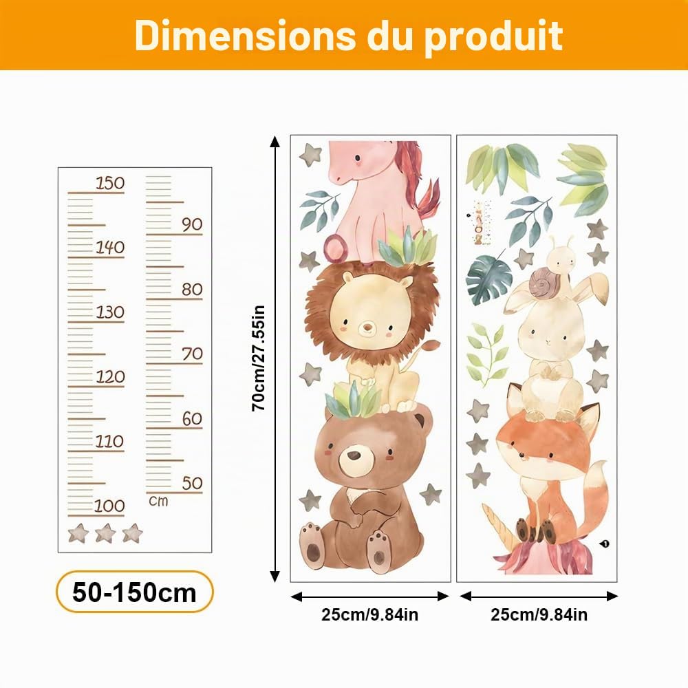 Toise de Mesure pour Enfants, 50-150cm Toise Murale Enfant Règle Hauteur Murale Diagramme Taille, Stickers Muraux Animaux pour Garçon et Fille, Sticker Mural PVC Décoration