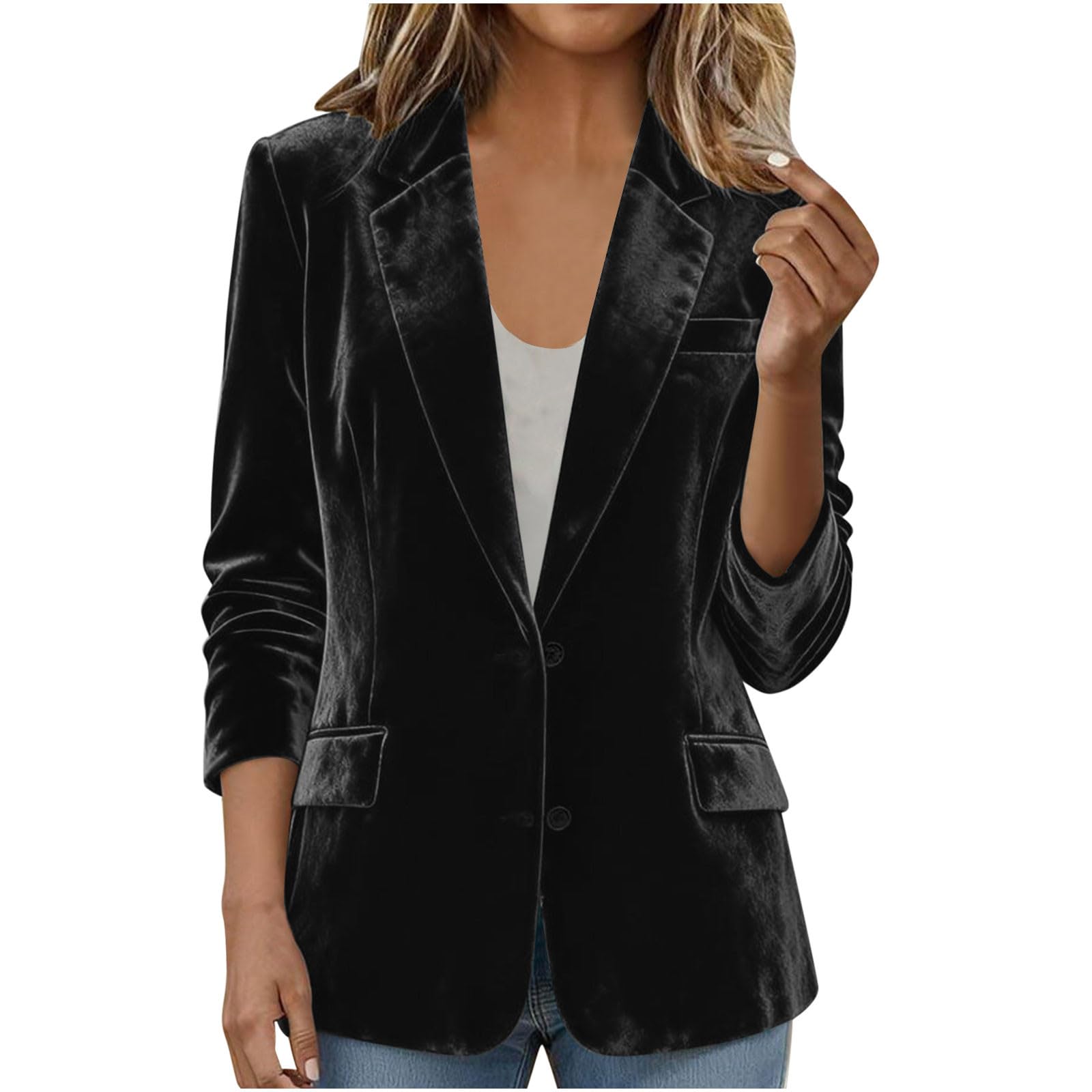 HGps8w Dressy Velvet Blazer for Women Long Sleeve Lapel Collar Vintage Business Casual Outerwear Suit Jackets