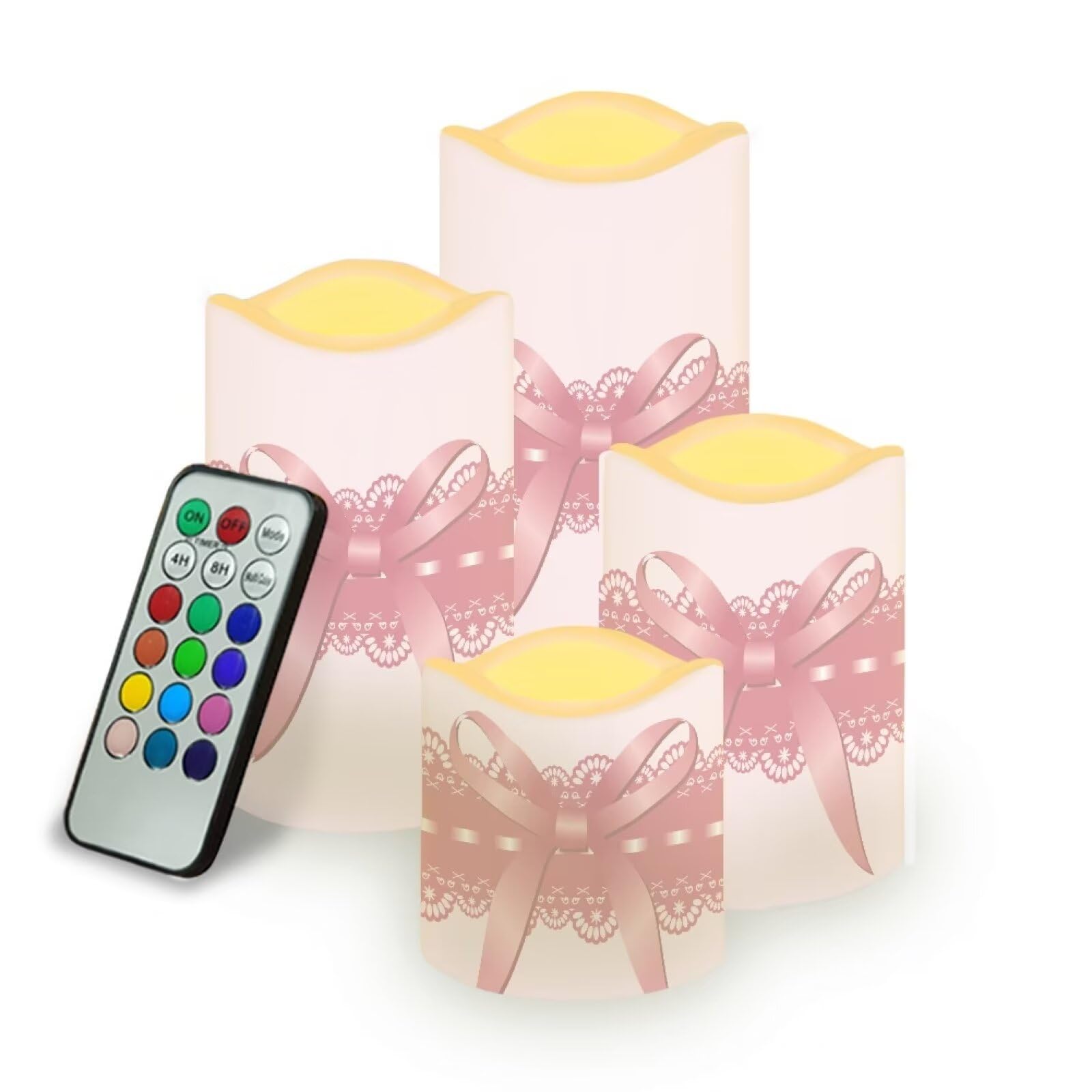 Uorisanigo Pink Bowknot Flameless Candles Color Changing LED Pillar Candles Battery Operated Candles with Remote and Timers Outdoor Long Lasting Electric Candles Home Room Decor Set of 4