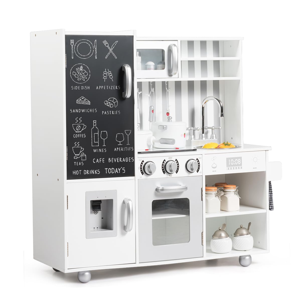 HOMASIS Cucina per Bambini in Legno ad Angolo Con Luci e Suoni, Cucinetta Con Lavello, Piano Cottura, Forno, Microonde, Lavagna - per Bambini dai 3 Anni in Su, Rosa
