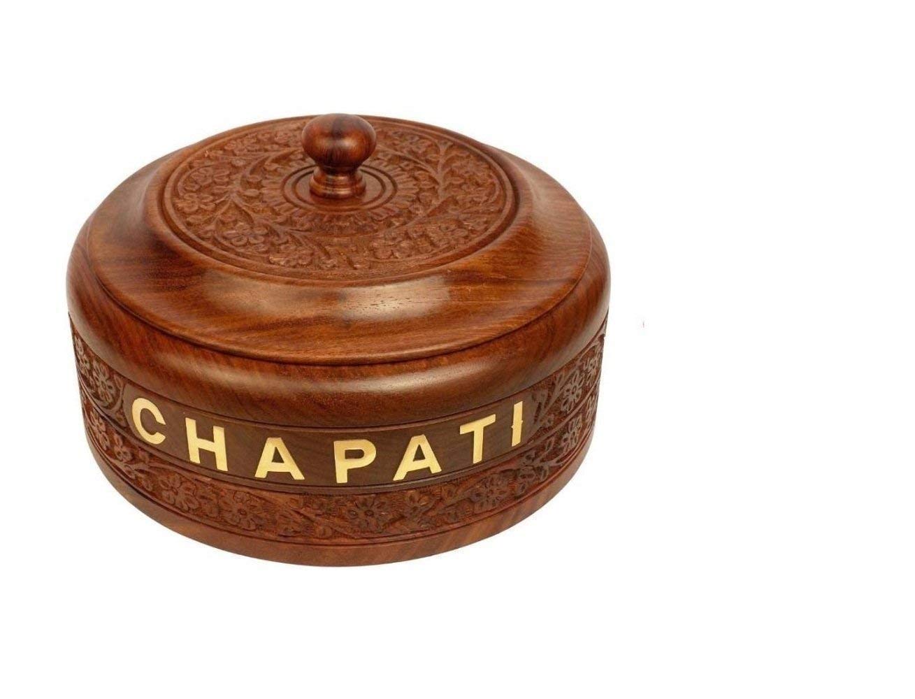 Craft Castle Wooden Stainless Steel Bread CHAPATI Casserole with Engraved Design Finish Kitchen Home Décor Ideal for Gift on Diwali and Christmas (Dimension : 9 Inch X 9 Inch X 4 inch)
