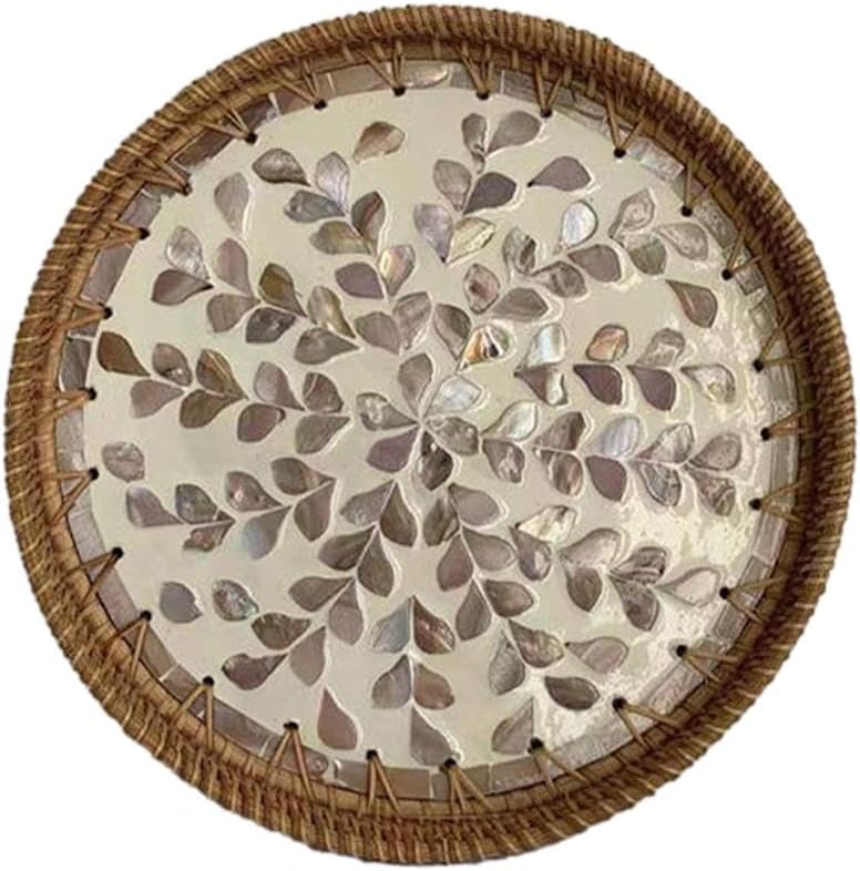 Round Rattan Serving Tray with Mother of Pearl Inlay,Hand