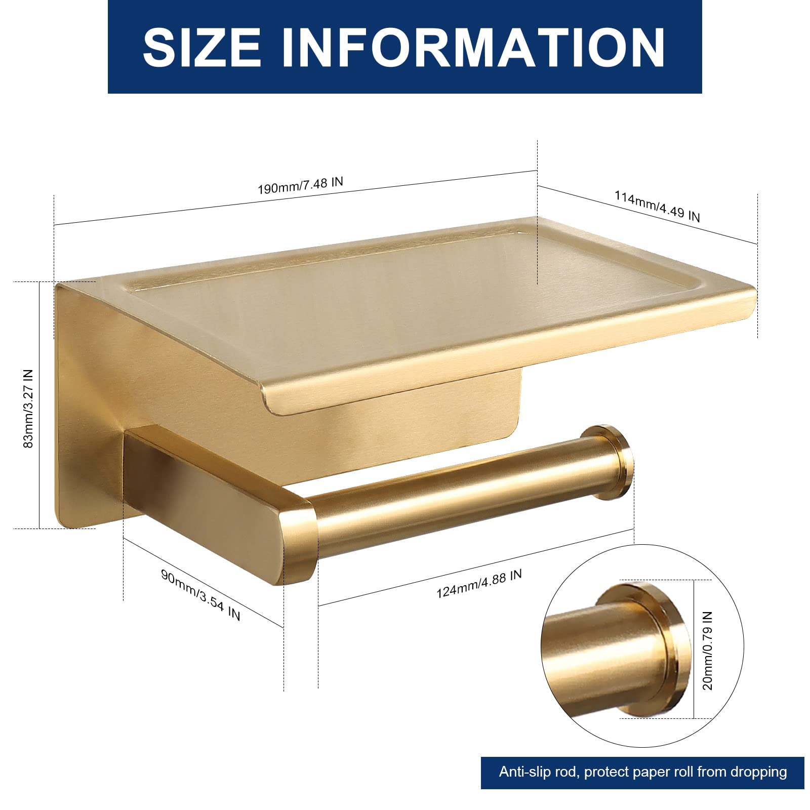 NearMoon Toilet Paper Holder with Shelf, Heavy Duty Bath Toilet Roll Holder with Phone Shelf Tissue Hanger for Bathroom/Kitchen No Drill or Wall Mounted(304 Stainless Steel, Brushed Gold) — Amazon image 2