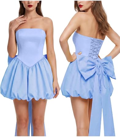 Womens Strapsless Bubble Mini Dress Back Lace Up Cute Bow Tie Cocktail Party Homecoming Prom Dresses
