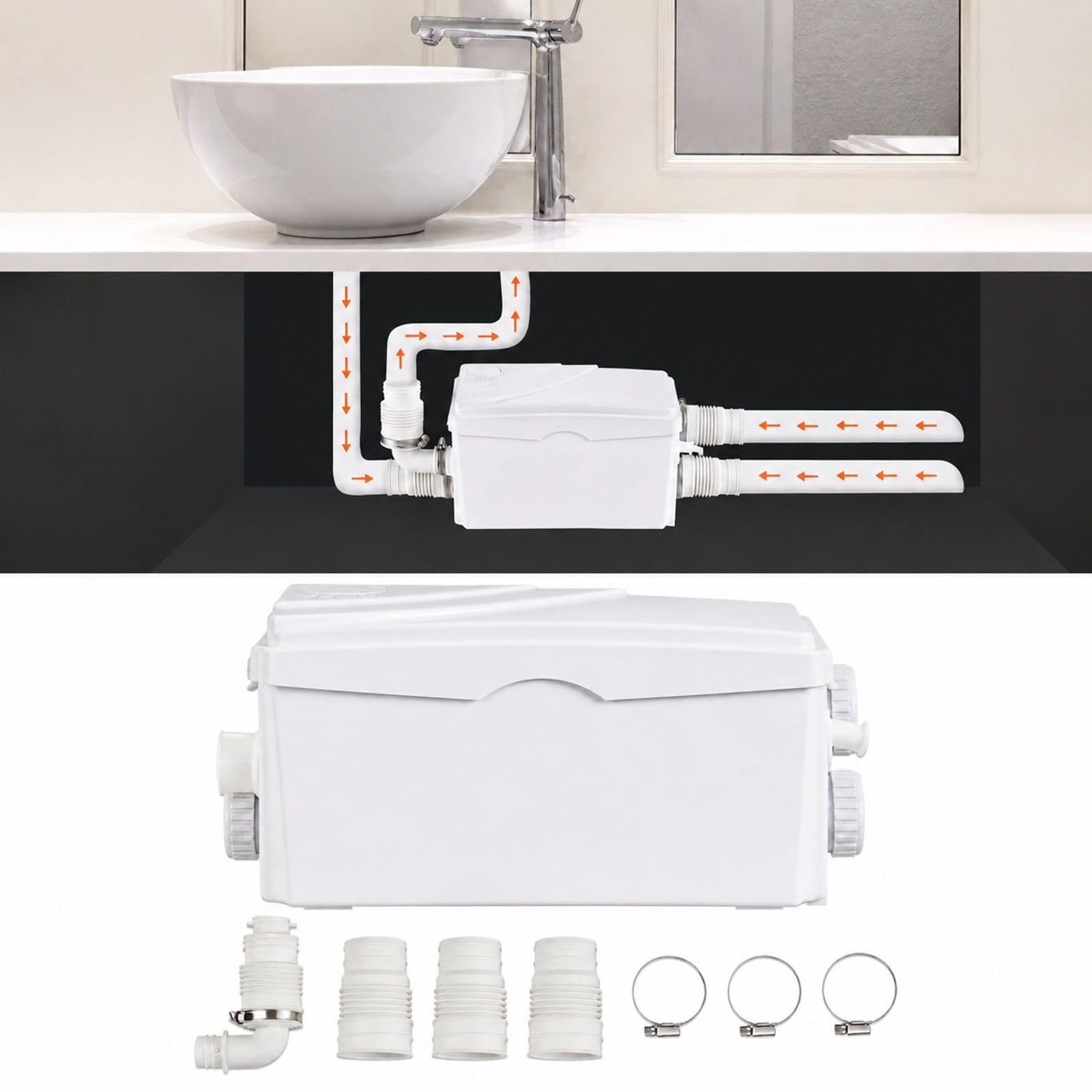 Station de relevage eaux grises 350 W, débit 6000 L/h, hauteur 7 m, 3 entrées pour cave cuisine évier douche baignoire buanderie