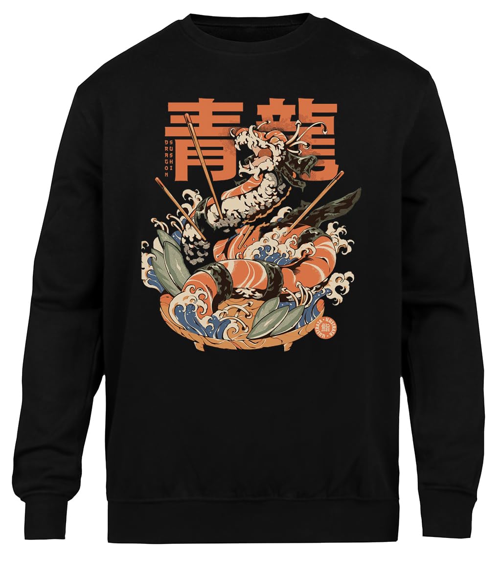 Générique Dragon Sushi Veste Sweat-Shirt Noir Unisexe À Col Ras du Cou Écologique