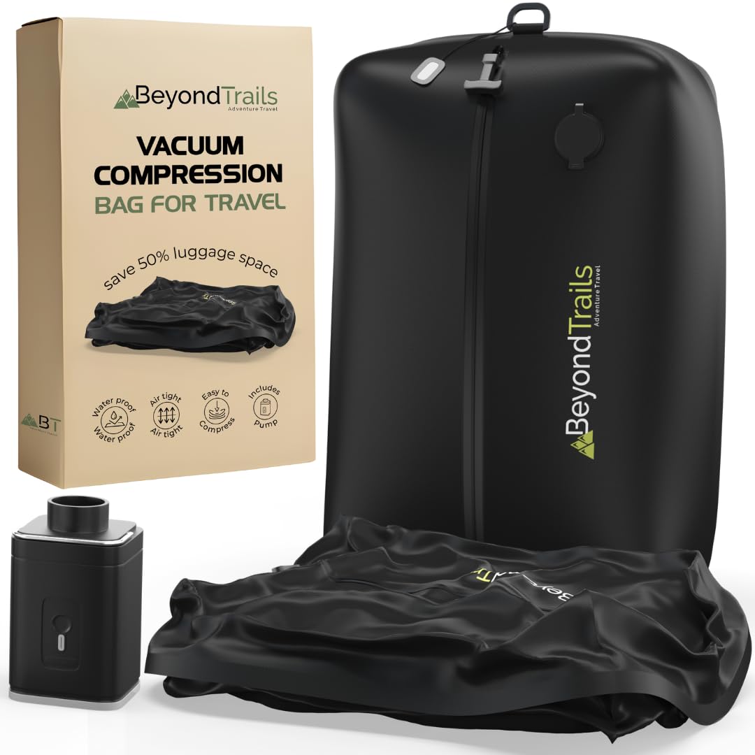 BeyondTrails Vacuum Compression Packing Cubes for Clothes with Pump | Vacuum Travel Bags | Storage Bag | Suitcase Travel Accessories | Packing Organiser | Plane Essentials | Luggage Gear