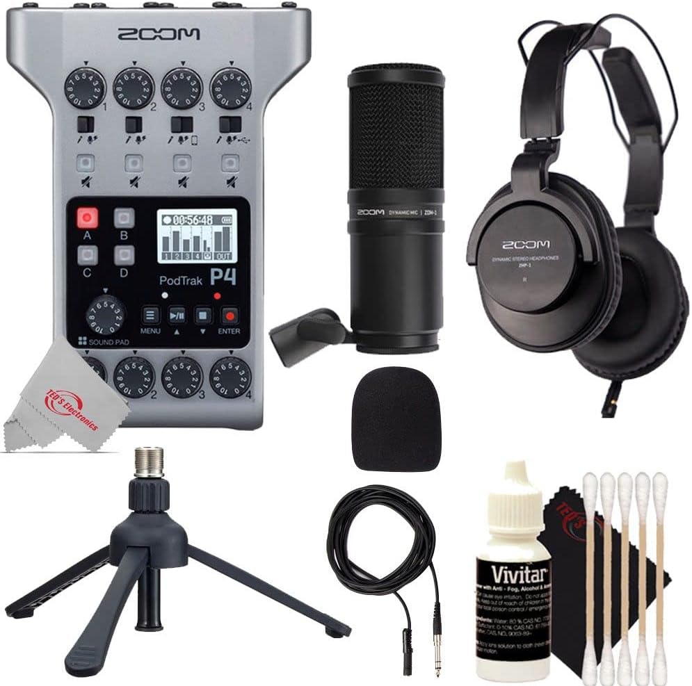 Zoom PodTrak P4 Portable Multitrack Podcast Recorder + Zoom ZDM-1 Podcast Mic Pack Accessory Bundle With Microphone