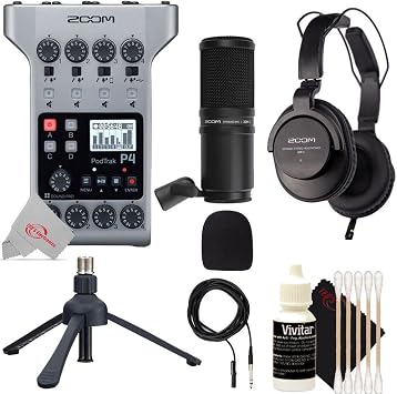 Zoom PodTrak P4 Portable Multitrack Podcast Recorder + Zoom ZDM-1 Podcast Mic Pack Accessory Bundle With Microphone