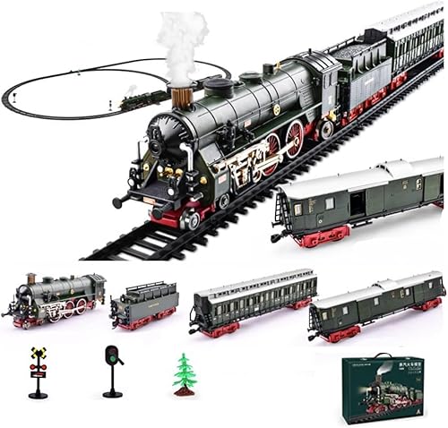 Miniatura 1 de Juego de tren eléctrico de aleación con luces y sonidos, modelo clásico de locomotora de vapor con pista larga y carruajes, juego de locomotora