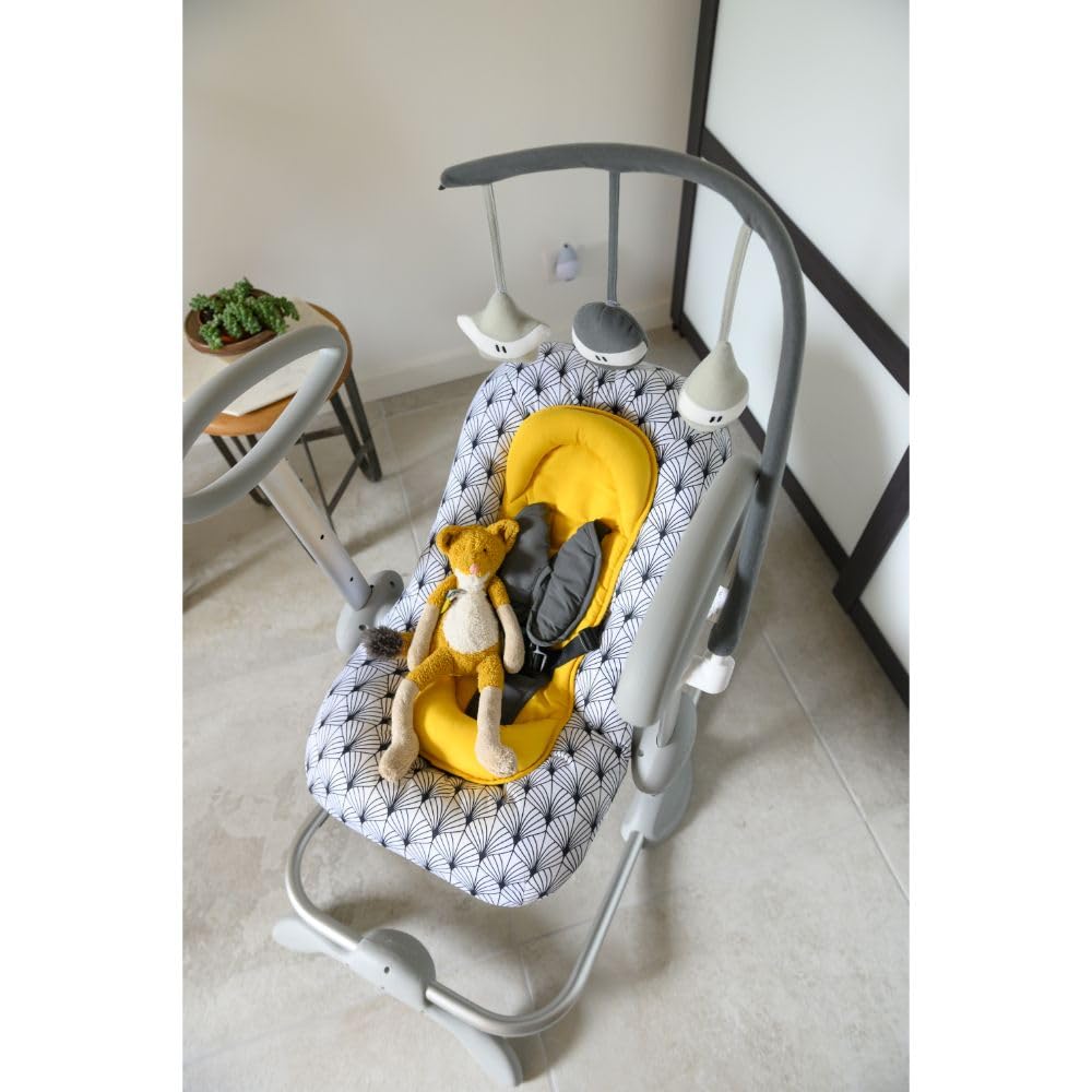 BÉABA, Transat Up and Down III, Transat Réglable en Hauteur, Unisexe pour Bébé et Enfants, 3 Positions d'Inclinaison, Harnais Sécurité 5 Points, Réducteur de Naissance, Yellow Palm Tree