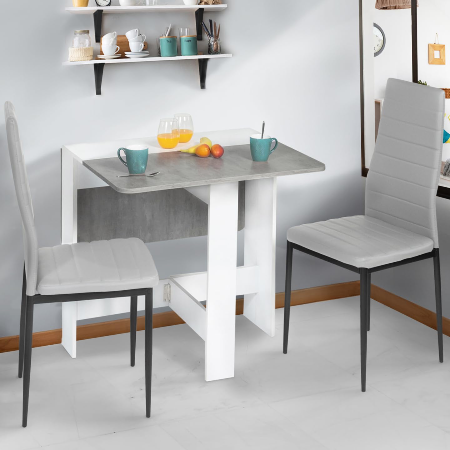 IDMarket – Mesa consola plegable EDI para 2-4 personas, color blanco, bandeja con efecto hormigón, 103 x 76 cm