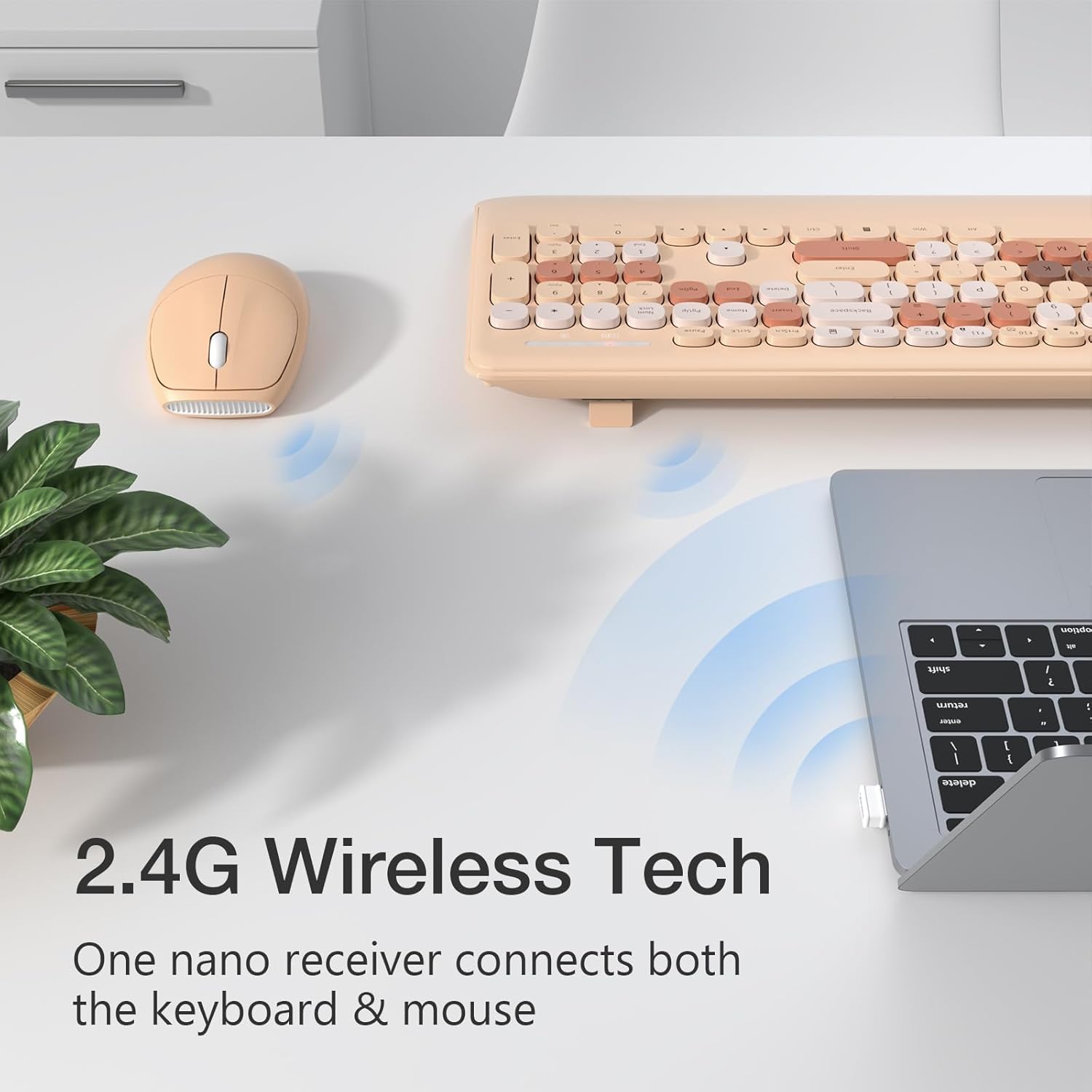 GEEZER Wireless Keyboard and Mouse Combo Milk Tea Color, 106 Keys Less Noise Full-Size 2.4G Ultra-Slim Colorful Keyboards with Palm Rest, One USB Nano Receiver for Windows/Mac/Laptop/PC