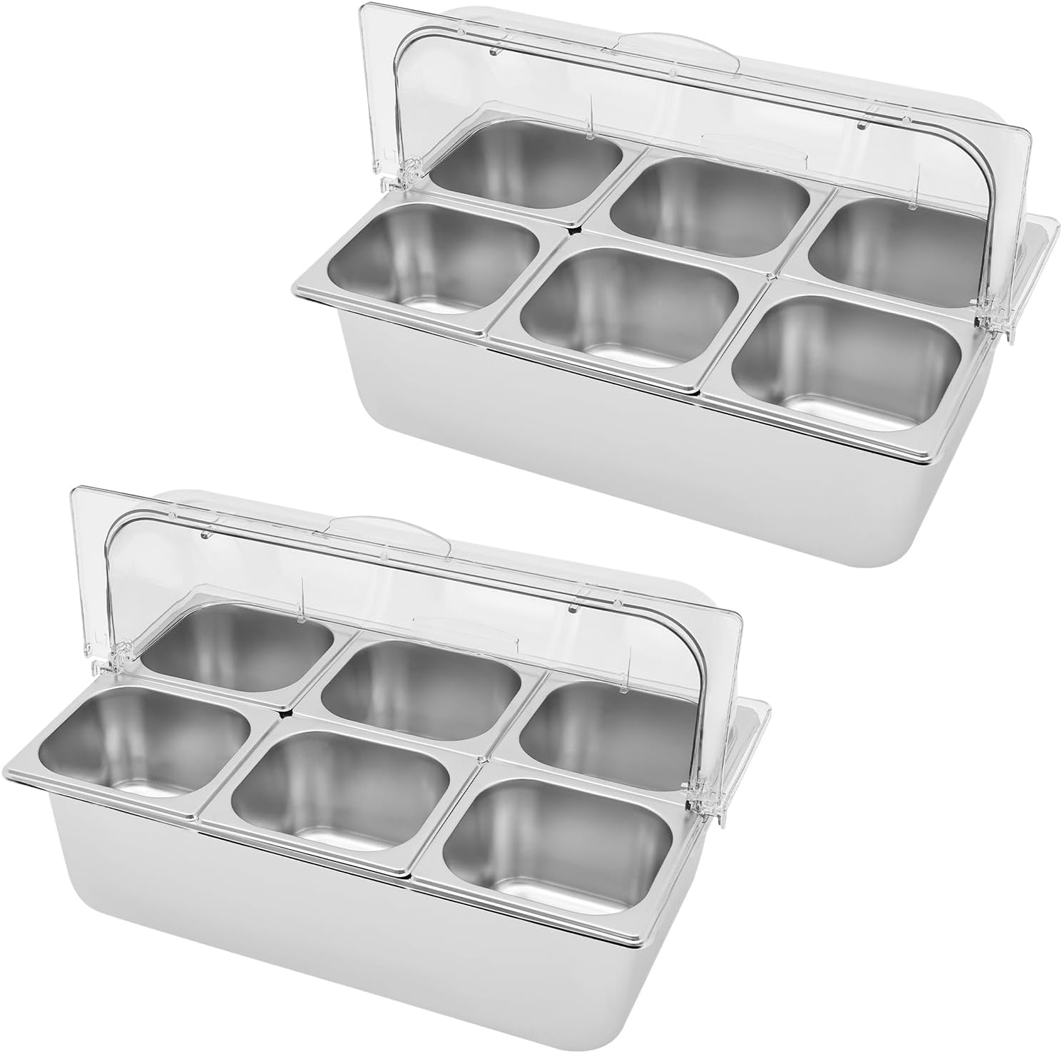 Countertop Food Serving Display Container Stainless Steel Food Containers with Lid 12Pcs Clamps 12Pcs Spoons 6Pcs Ice Boxes Steel Condiment Dispenser Display Rack for Restaurant Hotel Party 2*6 Pan