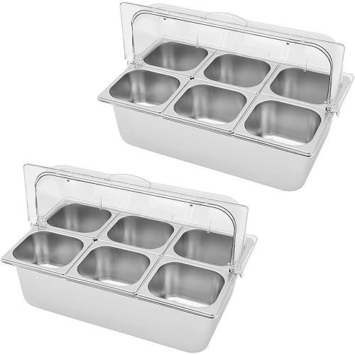 2Pcs Countertop Food Display Container, 6 Pans Stainless Steel Ice Food Serving Tray with Clear Roll Top Cover & 12 Spoons Buffet Condiment Dispenser for Restaurant Hotel Kitchen Party