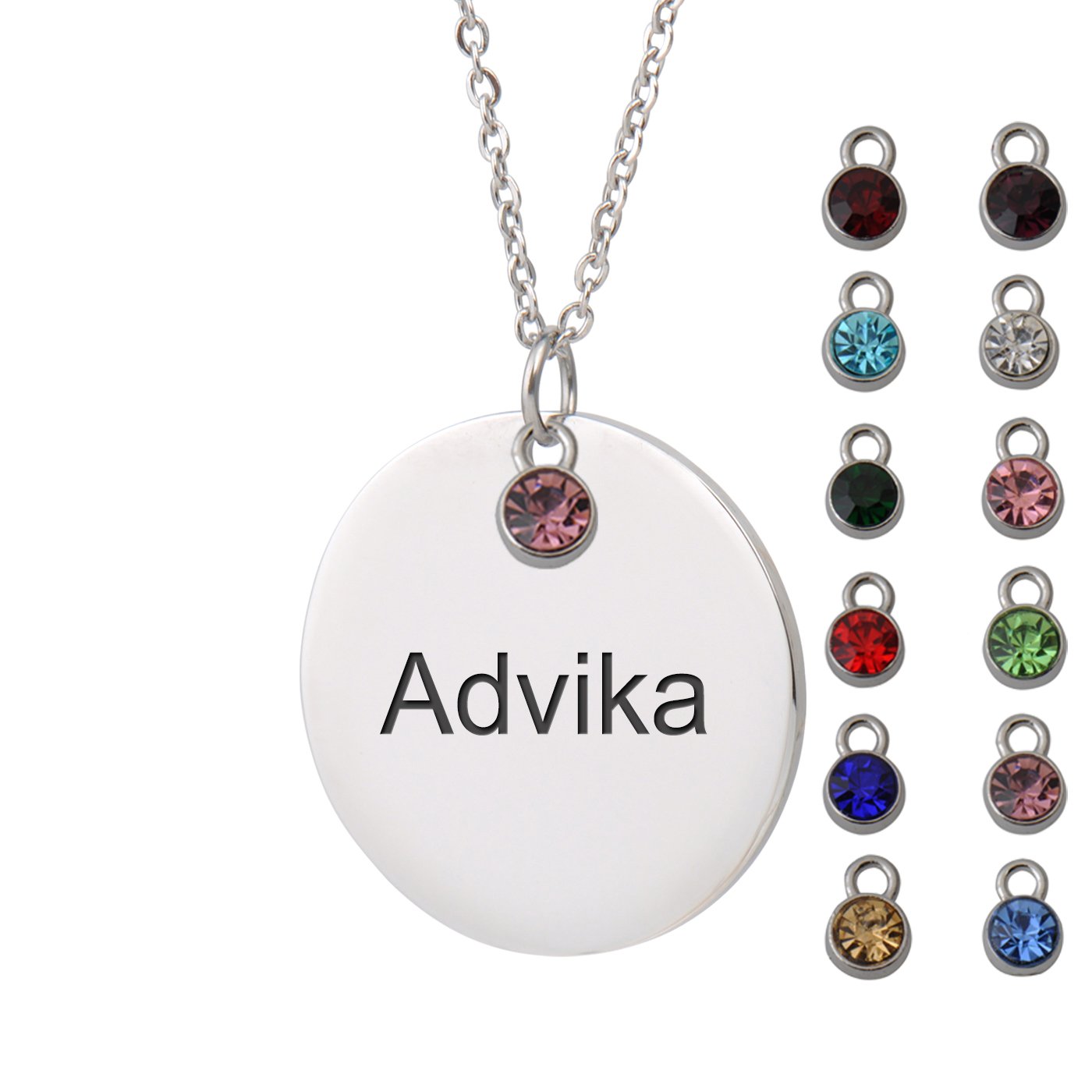HUAN XUN Custom Name Necklace with Birthstone Engraved Disc Monogram Initial
