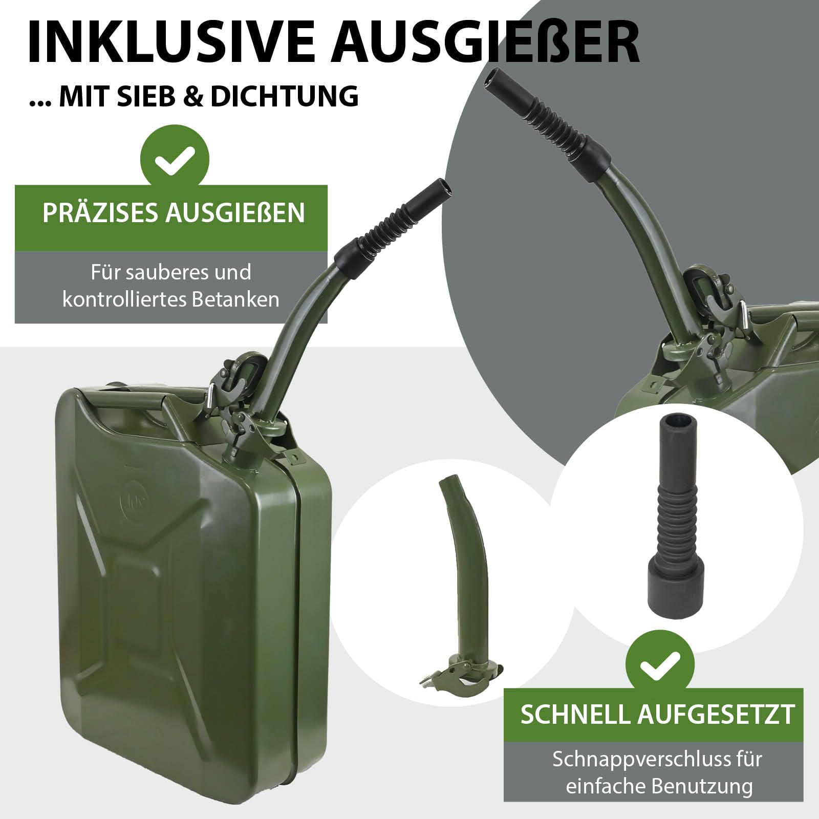 Kraftstoffkanister Metallkanister 20 Liter UN-Zulassung Olivgrün mit Ausgießer Entlüftung Sieb 0,8mm Stahl