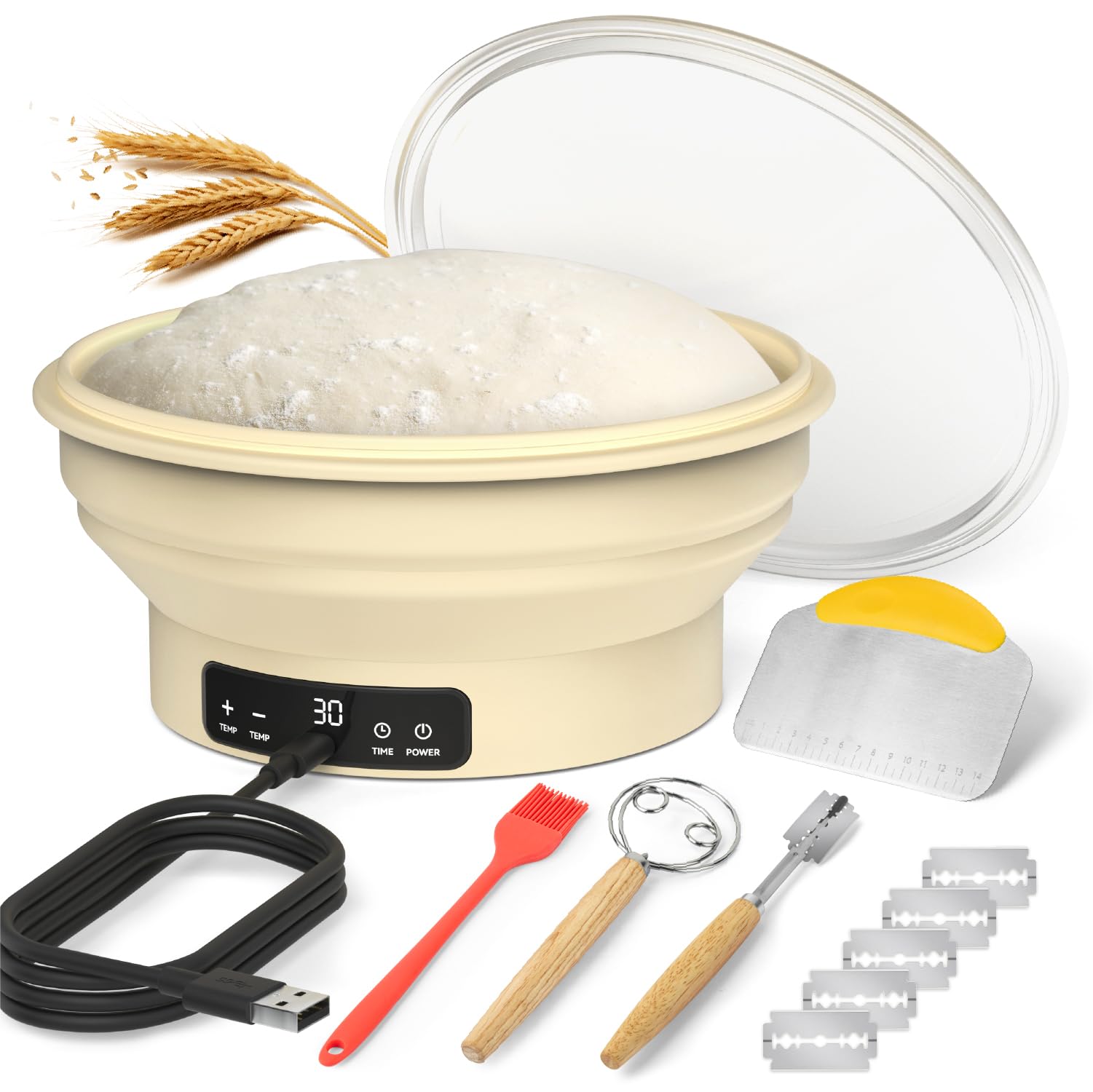 MOWETOO Gärkörbchen mit Heizfunktion und Timer – Rundes Silikon Gärkorb 23cm Brot Backen Zubehör für Sauerteig inkl. Teigschneebesen Teigteiler Silikonpinsel Brotrasierer