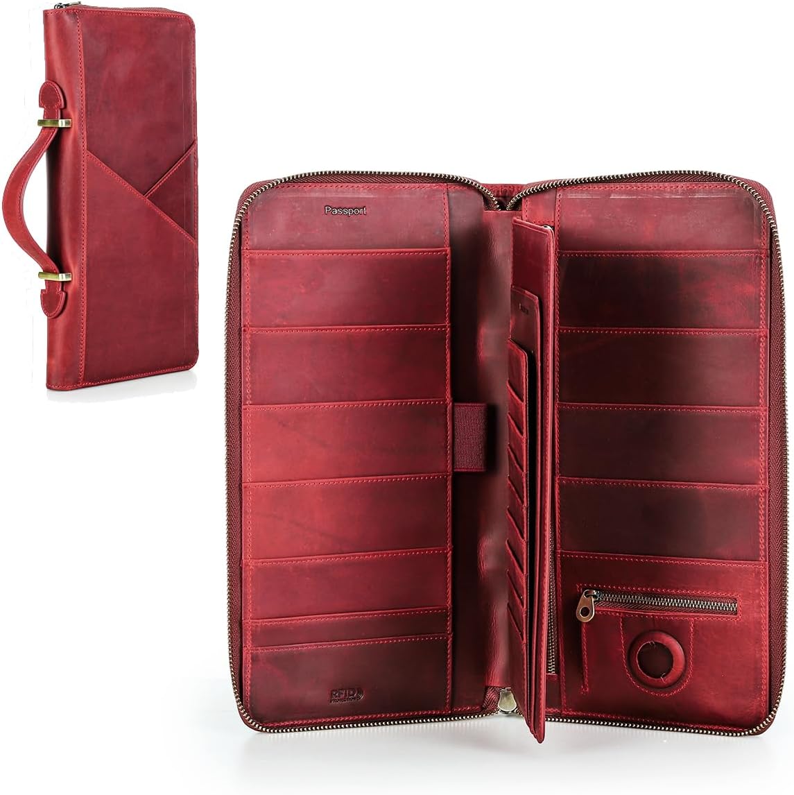 CONTACTS Family Passport Holder for 10 Full Grain Leather Airtag Passport Holder for Family Travel Document Organizer Multiple Passport Wallet with Rfid Blocking (Red) - Image 1 of 9