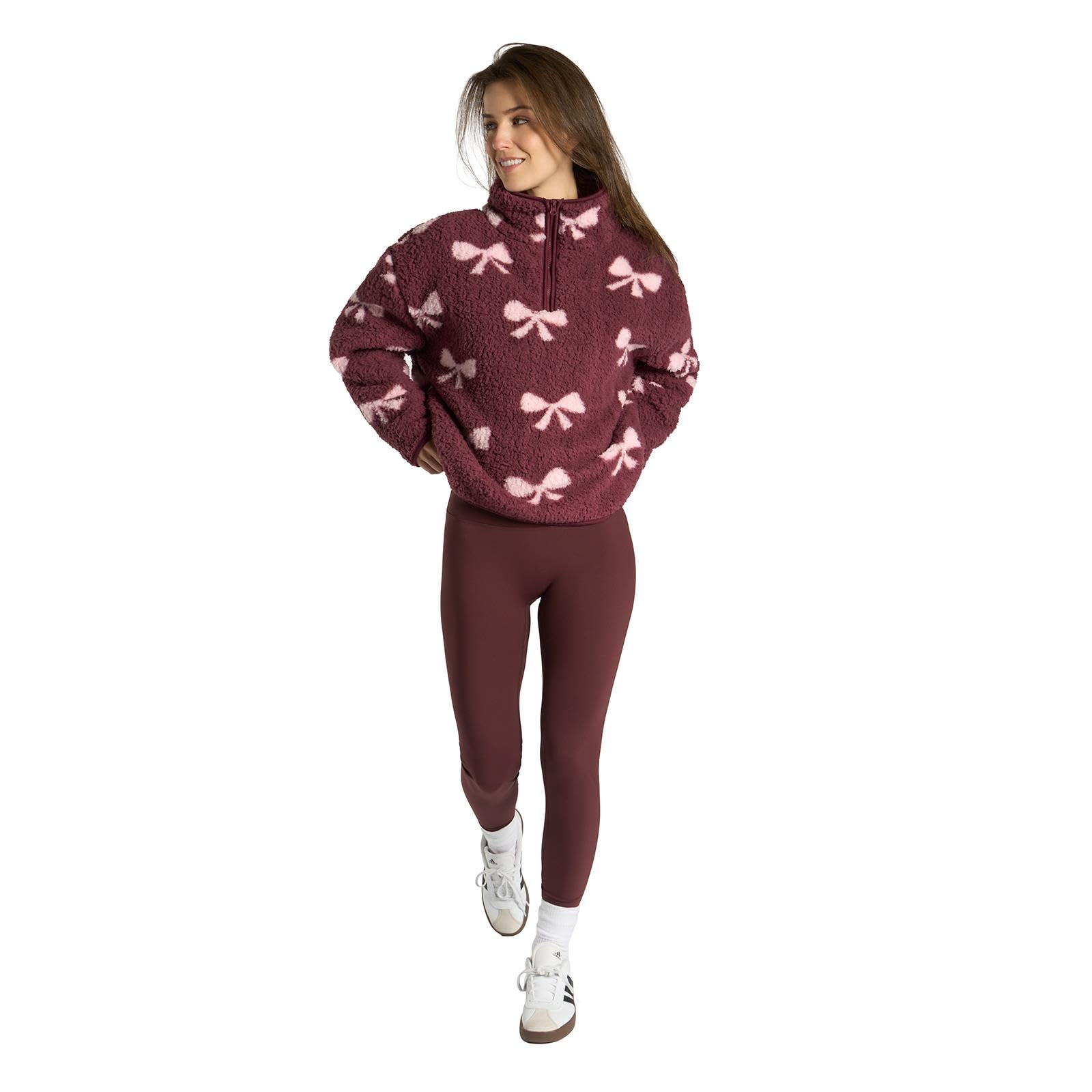 OHS Half Zip Womens Fleece Bow Print, Gifts for Women Ladies Jumpers Soft Cosy Warm Teddy Fleece Jacket Women Winter Clothing Sweatshirt Casual Long Sleeve Pullover for Outdoor, Burgundy - L/XL