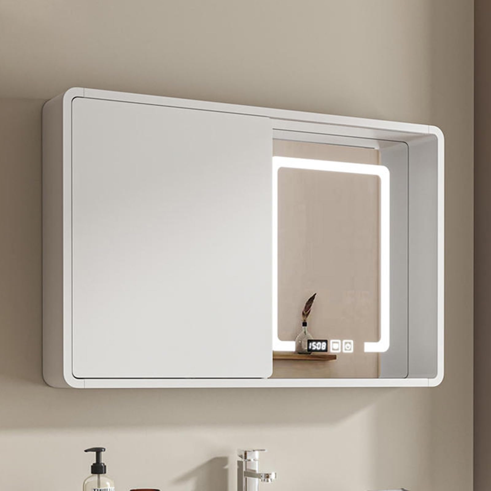 Armario espejo baño con luz,Specchio contenitore bagno,Smart mobile specchio bagno con LED luce,Armadietto da bagno sospeso,con interruttore tattile e funzione nebbia,con 3 Ripiani(Light brown,90X14X6
