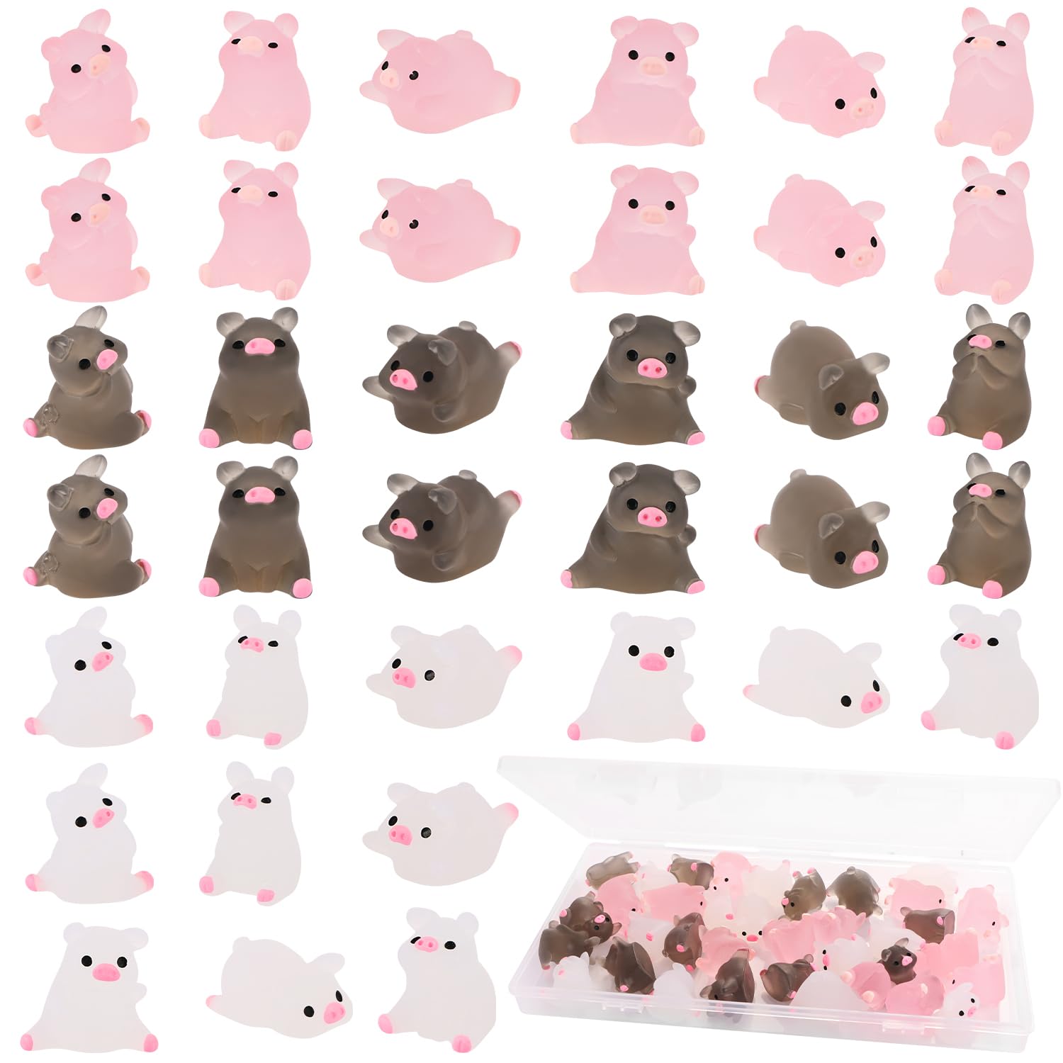 UHOMENY 36Pcs Mini Resin Pig Statue Luminous Animals Pig Figures Glowing Landscape Ornaments Pig Cupcake Toppers for Fairy Garden Dollhouse Home Cake Decor (Pink, white, black)
