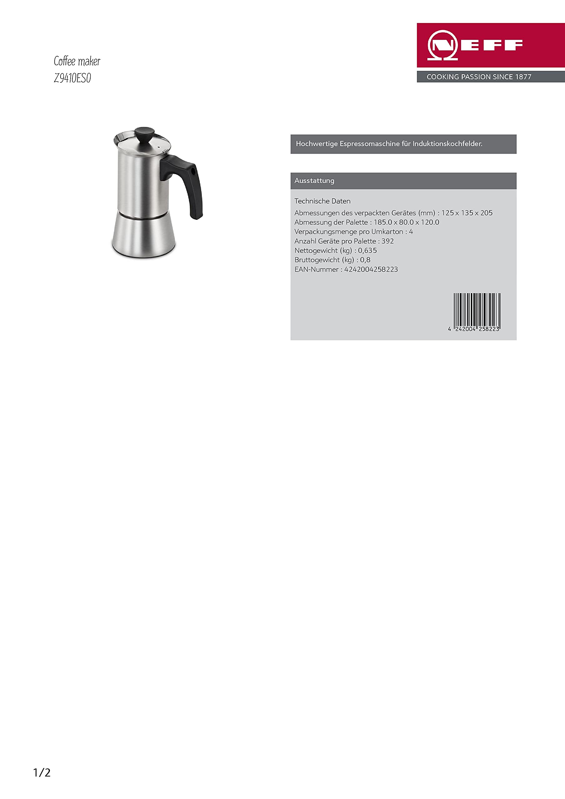 Neff Z9410ES0, Espressokocher, 4 Tassen (200 ml), Made in Germany, induktionsgeeignet, ergonomischer wärmeisolierender Griff, Edelstahl