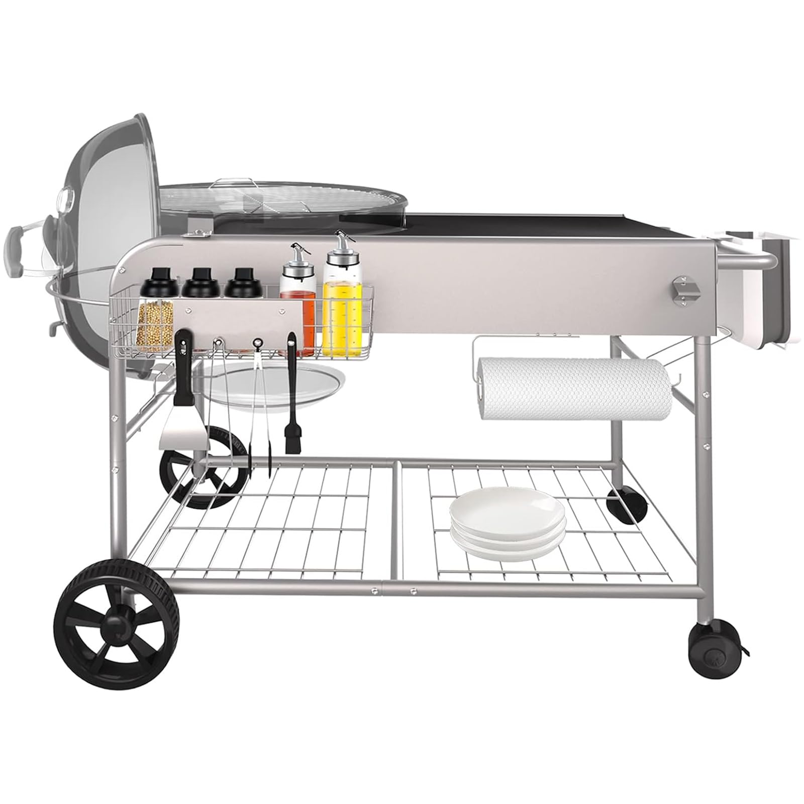 GFTIME Mesa de barbacoa de acero inoxidable para Weber de 47 cm y 57 cm, original Kettle, Premium, Master Touch, Jumbo Joe, parrilla de carbón vegetal Performer con soporte de tapa, soporte para