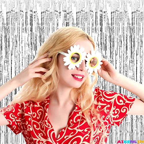 Image of 4 Pack 3.2Ft x 8.2Ft Silver Foil Fringe Curtain Backdrop, Metallic Tinsel Foil Fringe Streamers Curtains Background for Photo Booth, Birthday, Wedding, Halloween, Christmas Party Decoration