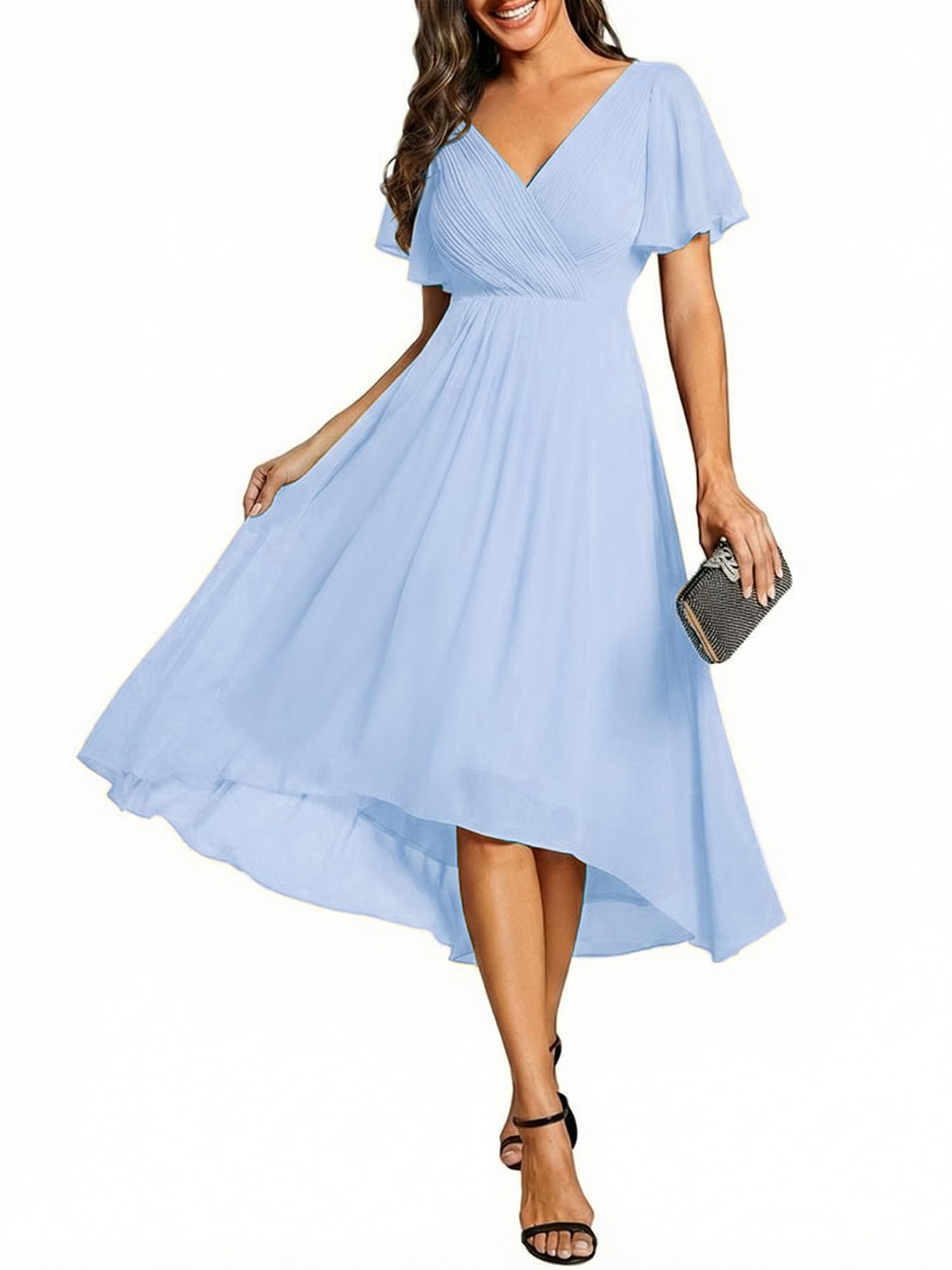 Ever-Pretty Women's Summer Chiffon Formal Wedding Guest Dresses Pleated V-Neck Short Sleeves Cocktail Dress 01923