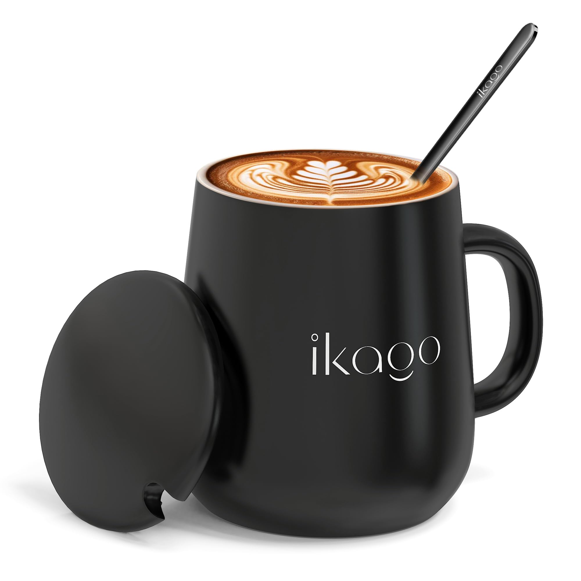 Ceramic Coffee Mug Set, 15oz Mugs with Lid and Spoon, Black Coffee Mug, Matching Mug lid, Novelty Laser Engraving Pattern, Best Gift for Coffee, Tea, Cocoa Lovers