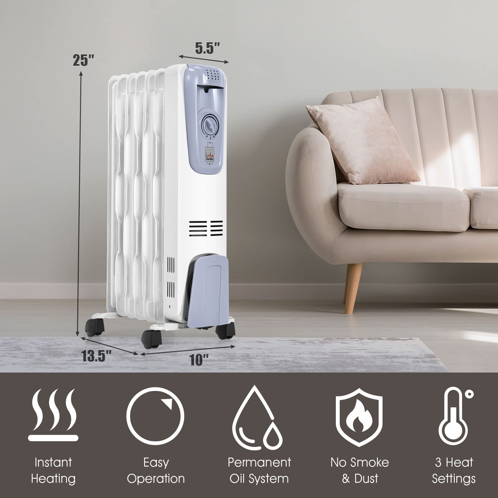 Amazon.com: Tangkula Oil Filled Radiator Heater, 1500W Portable Space Heater  Radiator with Adjustable Thermostat, 3 Heat Settings, Overheat u0026 Tip-Over  Protection, Electric Radiant Heater for Indoor use : Home u0026 Kitchen