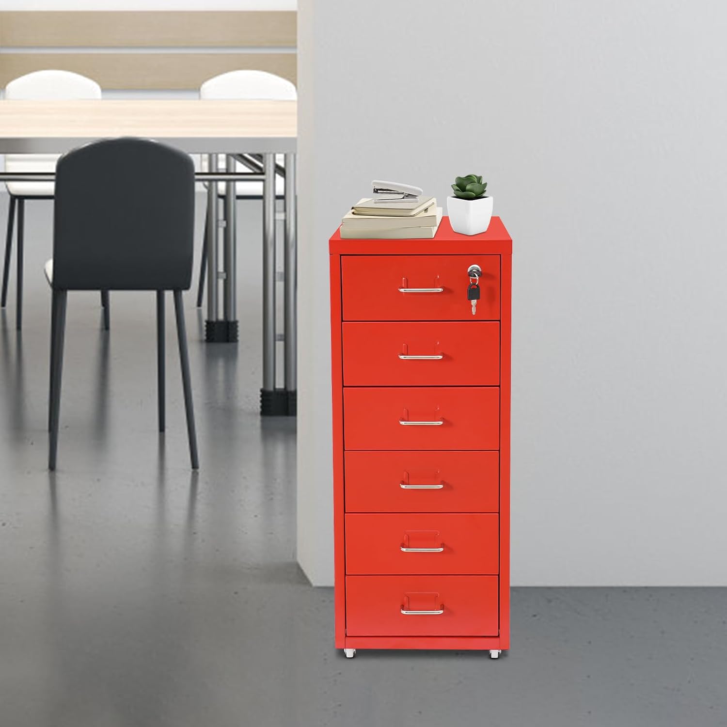 6-Tier Metal File Cabinet with Wheels and Lock, Filing Cabinet for Home Office, Metal Filing Storage Cabinets with Handle for Office Home, Easy Assemble
