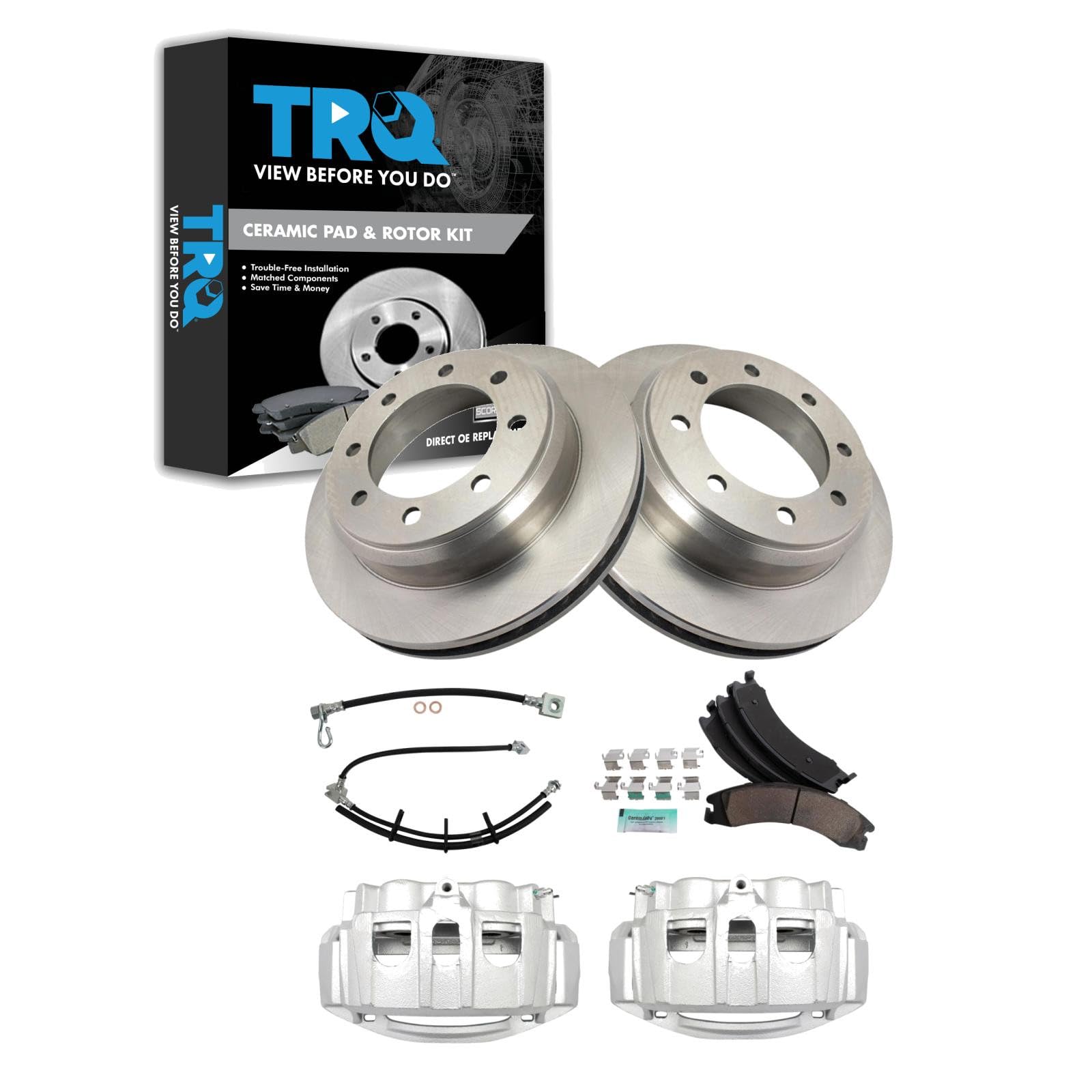 TRQ Rear Brake Pad, Caliper, Hose, &amp; Rotor Kit Ceramic Compatible with 2008-2014 Ford E-150 E-250 2015-2019 E-350 Super Duty