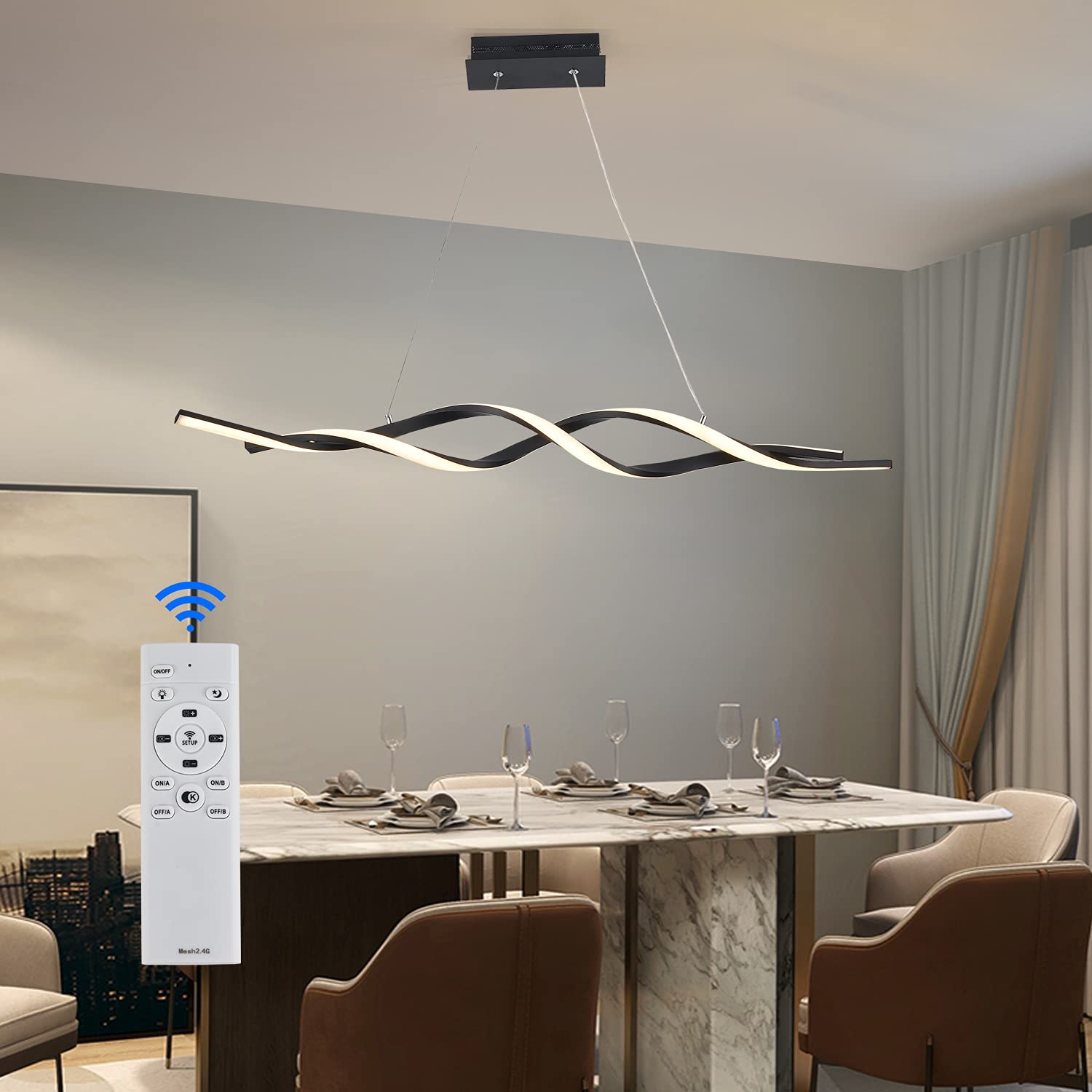 ZYCYLIGHT Modern Pendant Light, Sprial LED Light, 50W LED Chandelier, Color Adjustable Pendant Light, 39.4 inch Dimmable Ceiling Fixture, for Dining Room Bedroom Living Room,with Remote Control