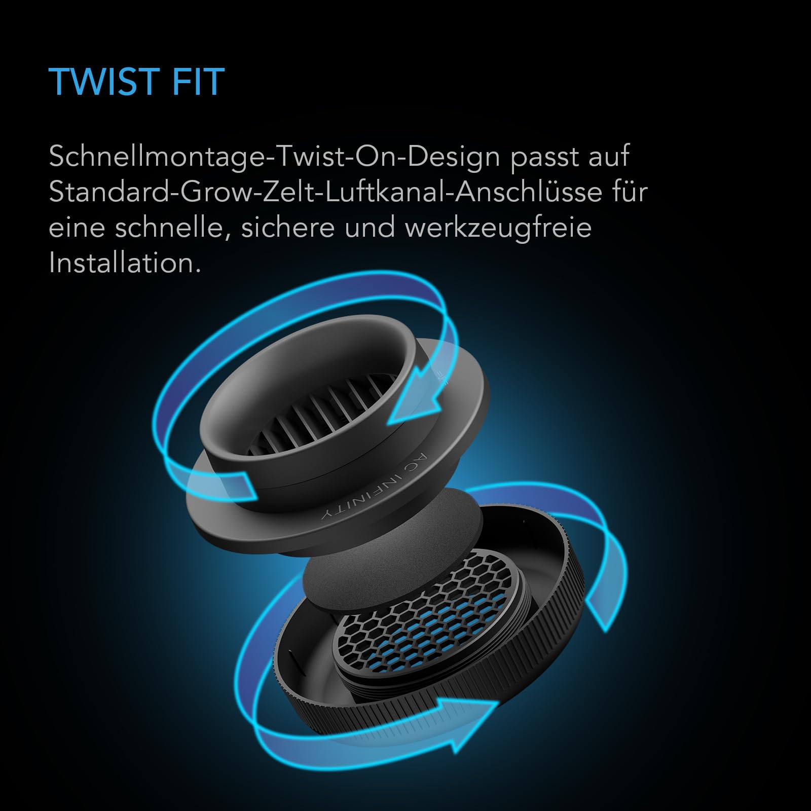 AC Infinity Grow-Zelt-Luftkanal-Belüfter 2er-Pack Lichtblockierende Twist-On-Luftauslässe mit integriertem Adapter Insekten & Staubfilter Hoher Luftstrom Passt auf Standard-150 mm-Luftkanal-Anschlüsse