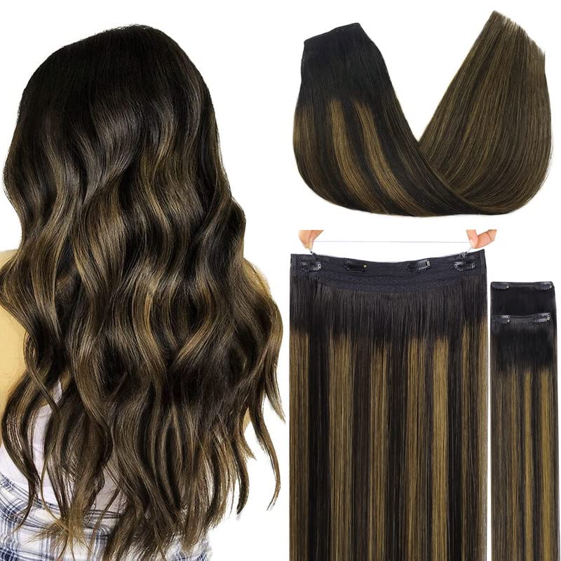 GOO GOO Wire Hair Extensions Real Human Hair, Halo Hair Extensions,20 inch 140g Natural Black to Chestnut Brown, Invisible Wire Hair Extensions with Transparent, Straight Remy Hair Extensions