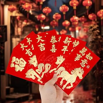 36 Pcs Chinese New Year Red Envelopes 2026 Lunar New Year Envelopes Horse Lucky Money Red Envelope Pocket Cash Hong Bao for Spring Festival Wedding Birthday, 6 Gold Foil Fu Patterns