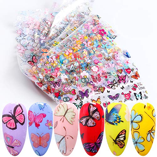 Butterfly Nail Foil Transfer Stickers Nail Art Supplies Flower Butterfly Nail Art Foils Decals Acrylic Nails Design Decoration Adhesive Starry Sky Manicure Transfer Foil Nail Art Stickers (10 Sheets)
