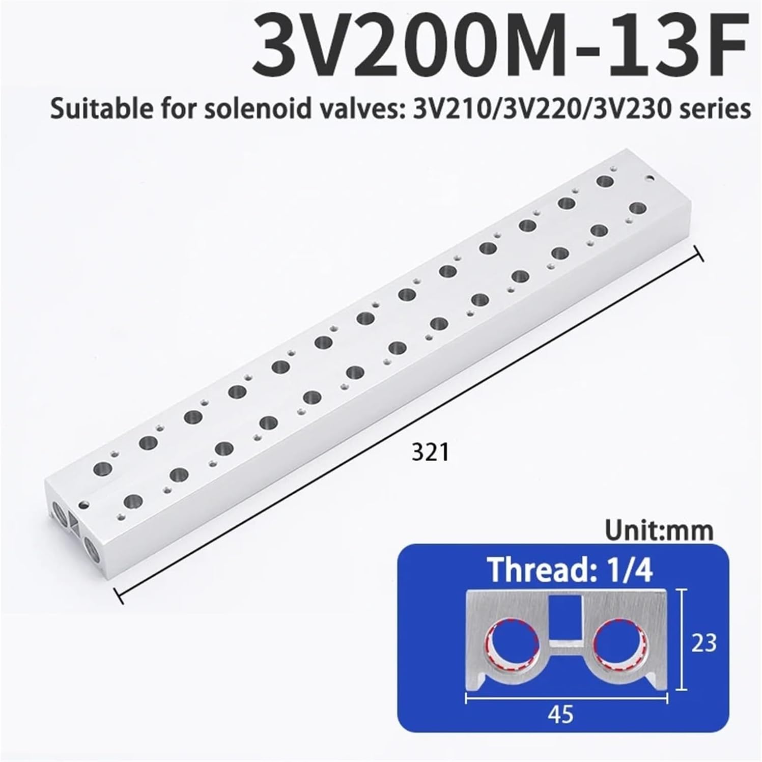 Pneumatic manifold solenoid valve base 3V series applicable to: 3V210/3V220/3V230 3V200M-1F 2F 3F 4F 5F 6F 7F 8F 10F 12F 14F 16F(3V200M-13F)
