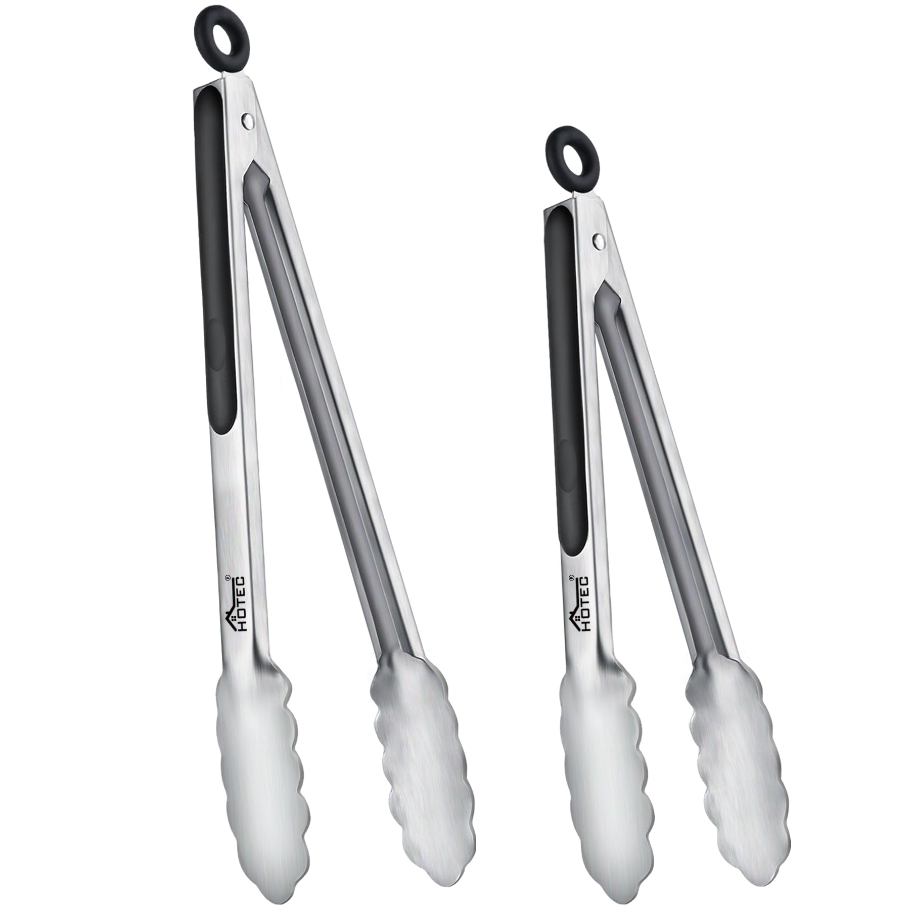 HOTEC Stainless Steel Kitchen Tongs Set of 2-9" and 12", Locking Metal Food Tongs Non-Slip Grip