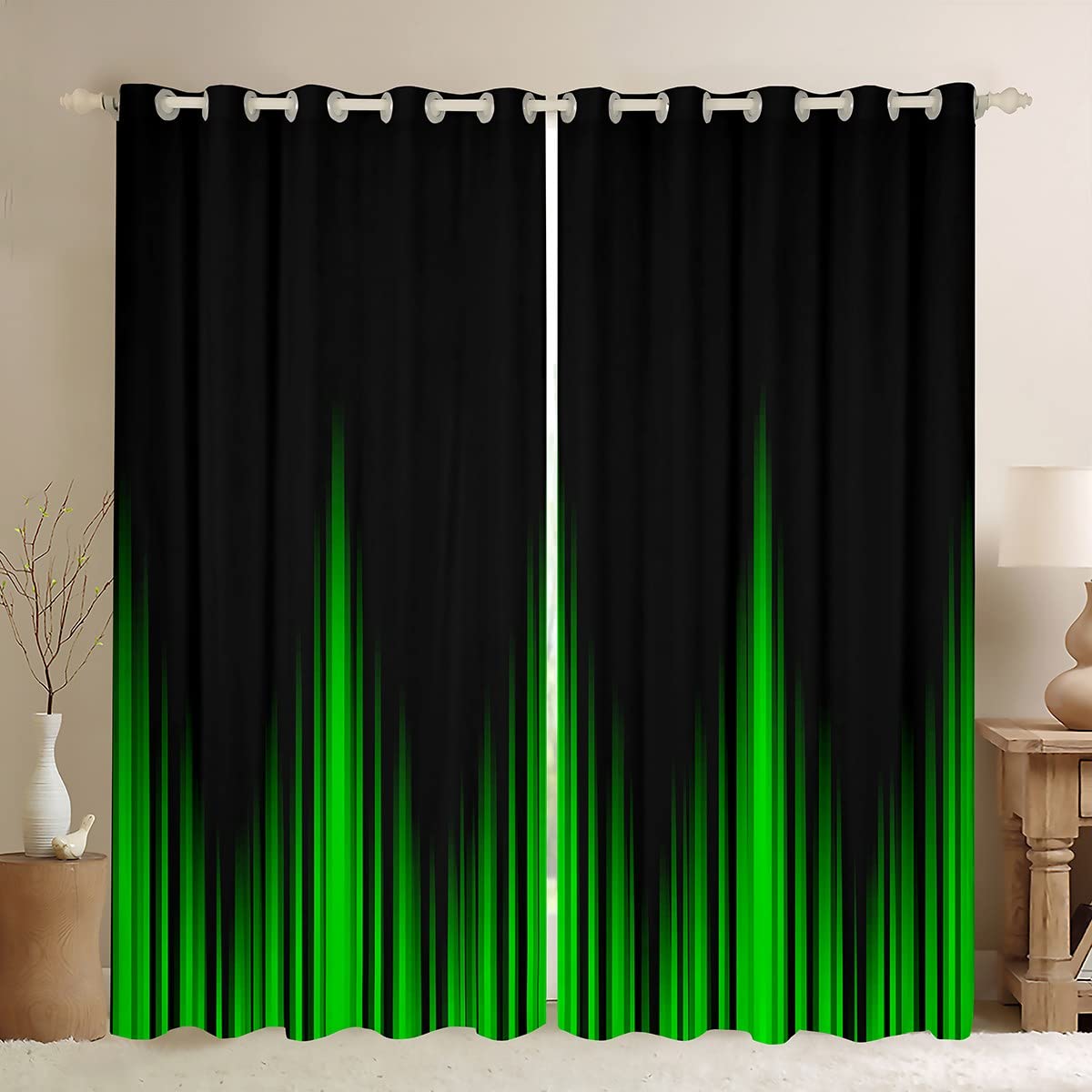 Homemissing Geometric Abstract Ombre Window Curtains Green and Black Blackout Curtains Gradient Dark Simple Style Darkening Dreapes Modern Abstract Art Window Treatments W46*L54