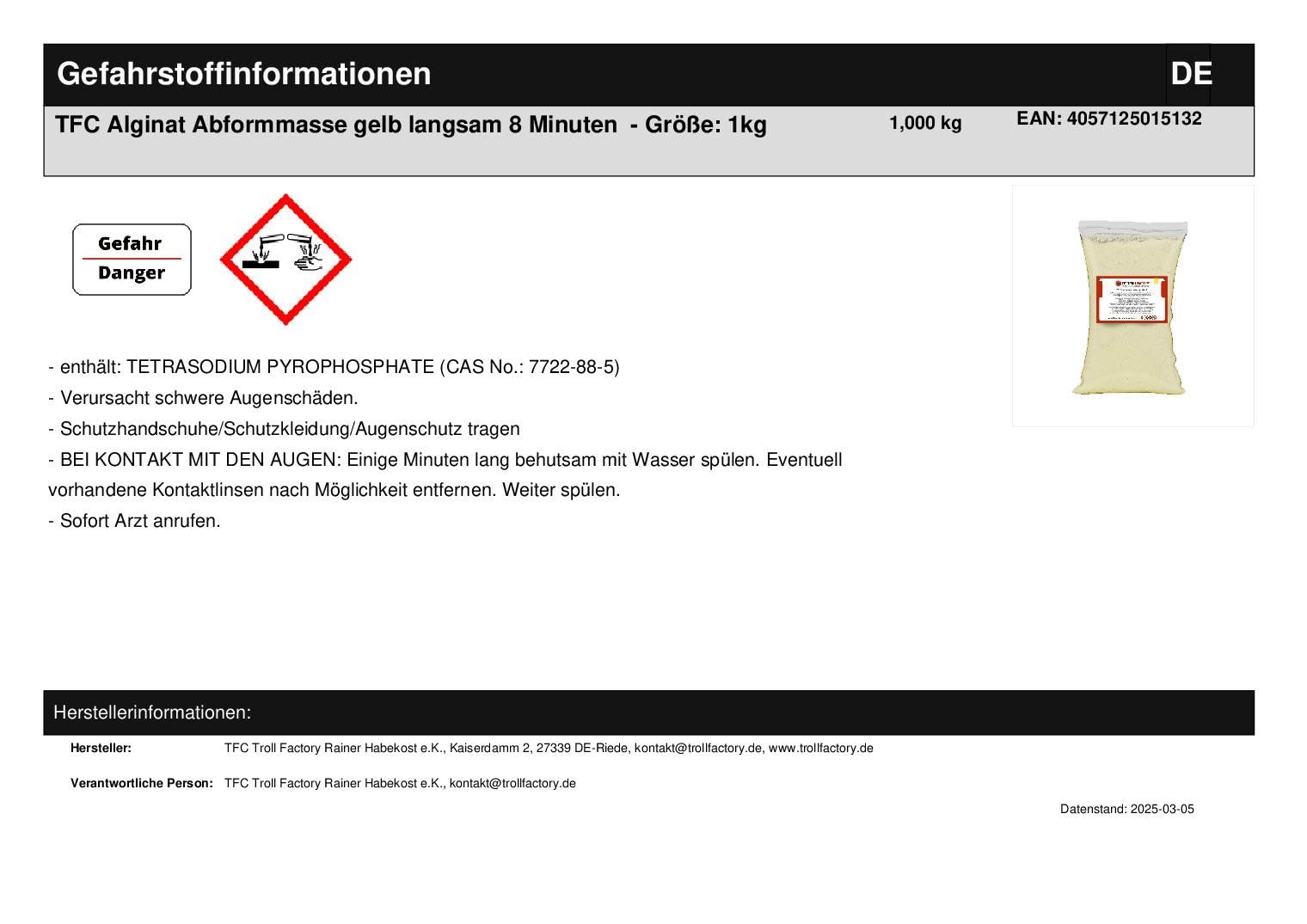 Unbekannt TFC Alginate Alginate Masse Jaune Lentement 8 Minutes 1 kg