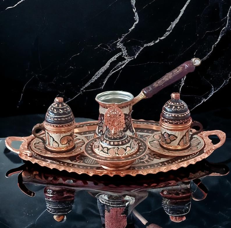 OHVVGN Turkish Coffee Set, Turkish Copper Coffee Pot, Turkish Coffee Cup Set, Copper Serving Tray