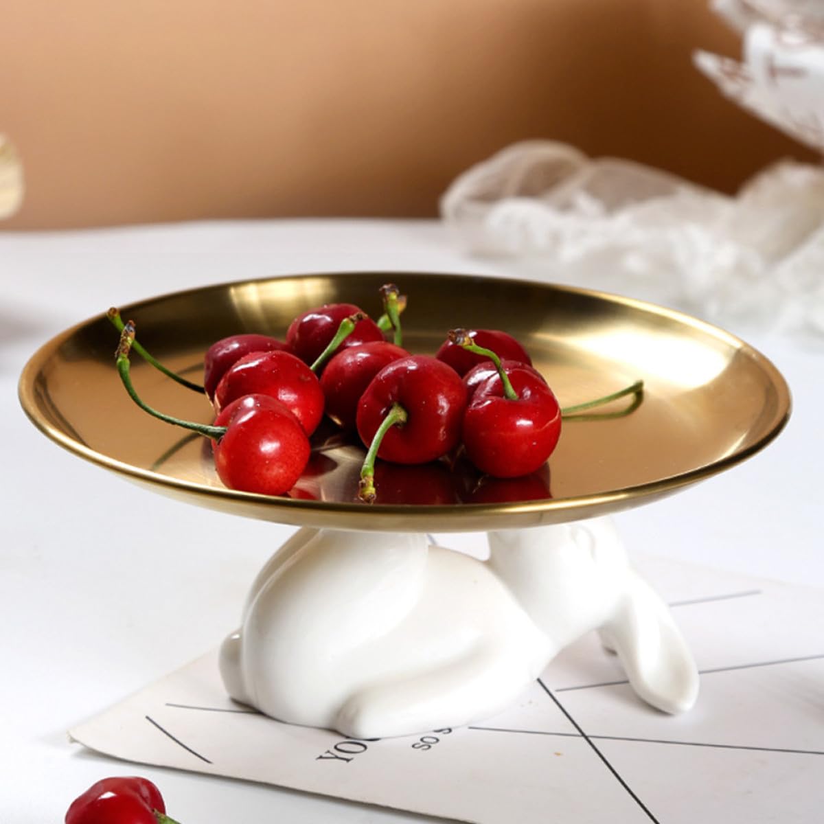 SECFOU Vassoio per Dolci in Acciaio Inox e Ceramica con Coniglio, Bianco