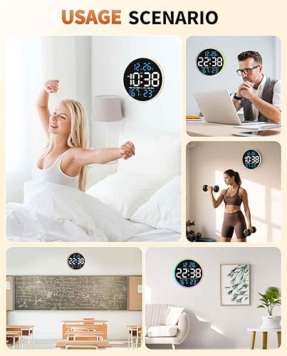 Vista 8 de Reloj de pared digital grande de 10 pulgadas con control remoto de 9 colores cambiantes, fecha, semana, temperatura, brillo automático, atenuador
