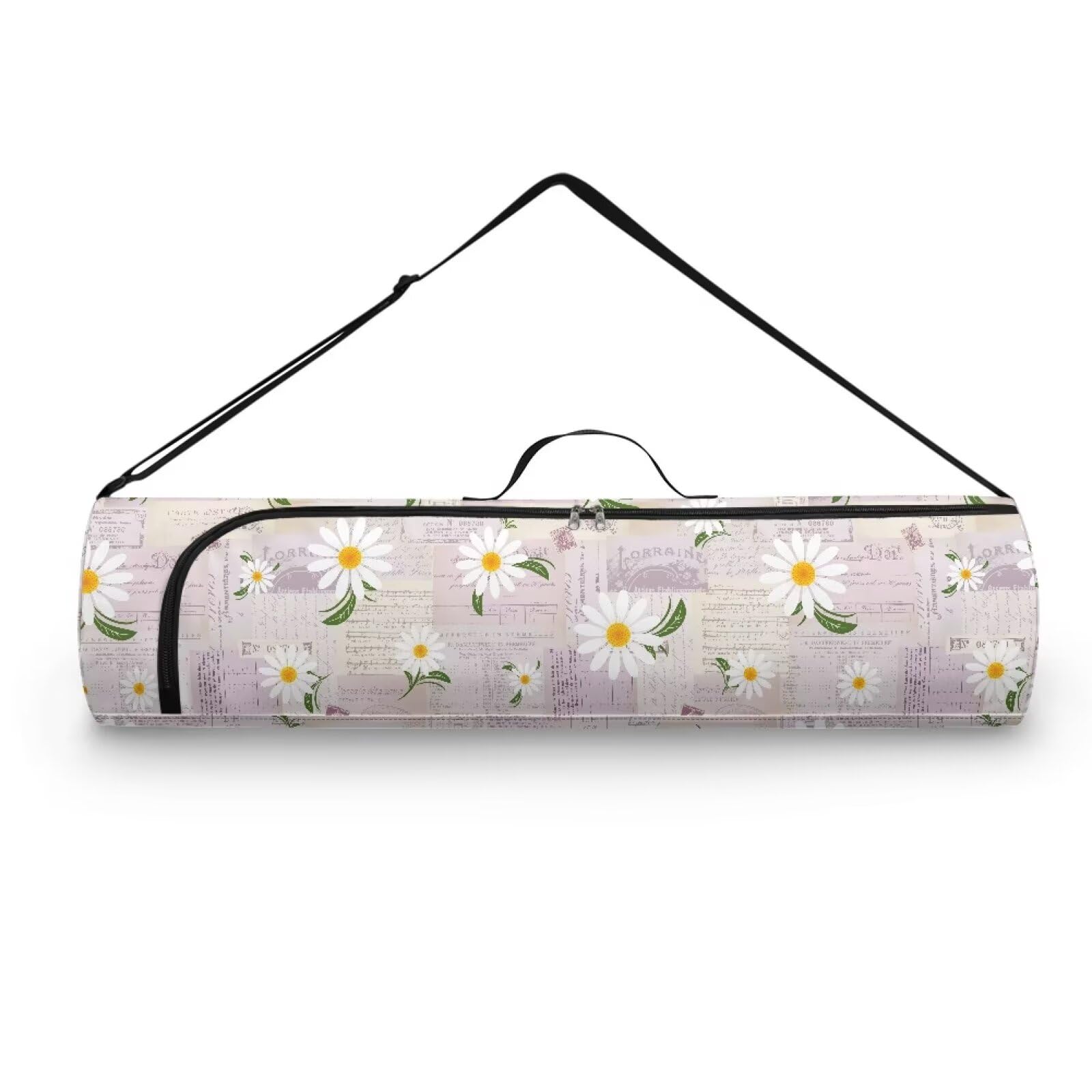 Pzuqiu Newspaper Daisy Yoga Mat Bag for Women & Men Travel Yoga Gym Bag for Thick Exercise Yoga Mat Full-Zip Yoga Mat Carrier Bag for Class Workout Park with Adjustable Strap
